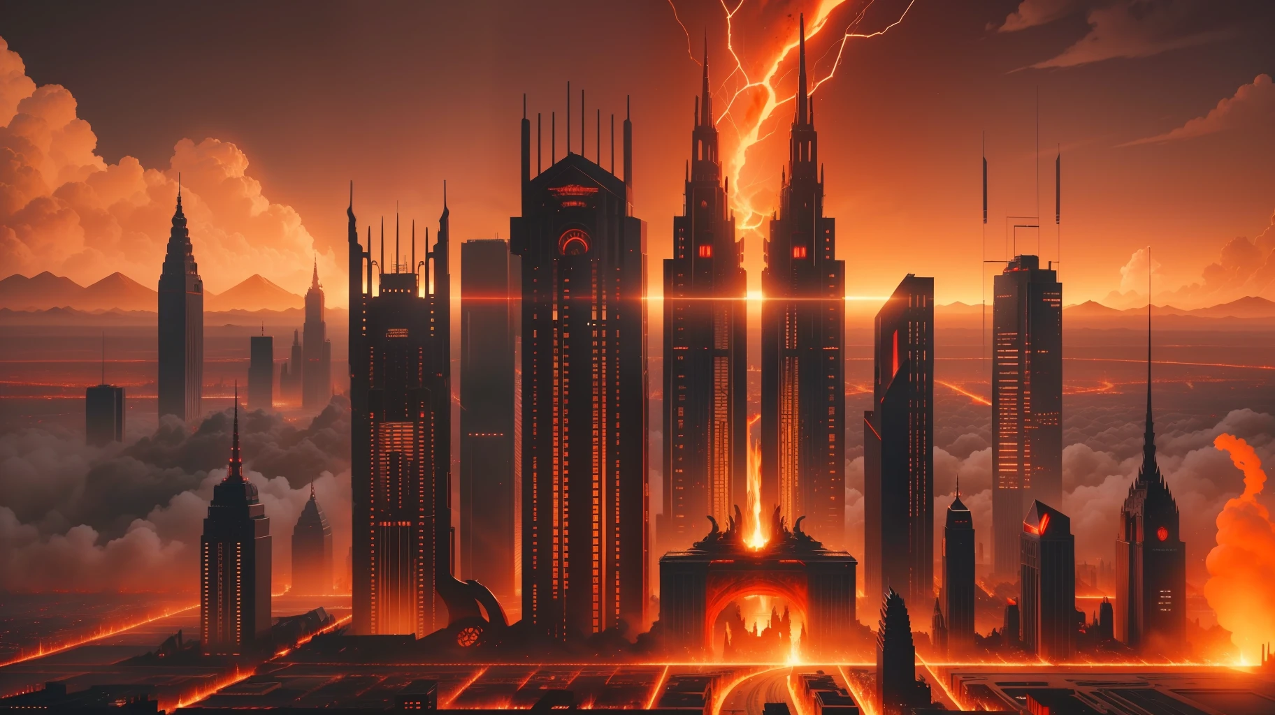 Metropolis, hell, hell, everything is red, demons are flying, lava is everywhere, there is a city in hell, skyscrapers are in hell, lava is flowing from skyscrapers, in great detail, best quality, ultra 8k, as detailed as possible