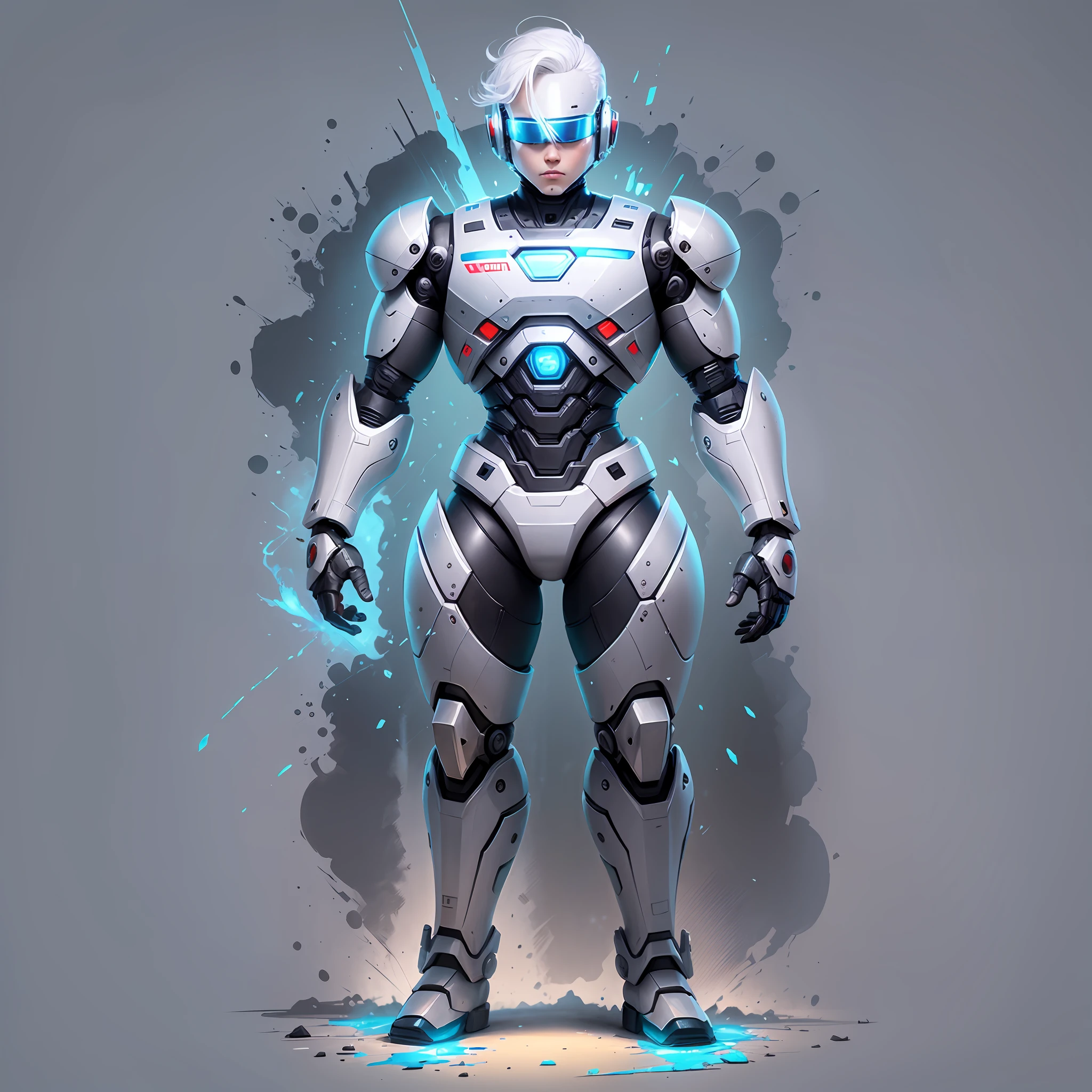 Full body cartoon, very cute full body boy, a white hair robocop in vibrant colors
