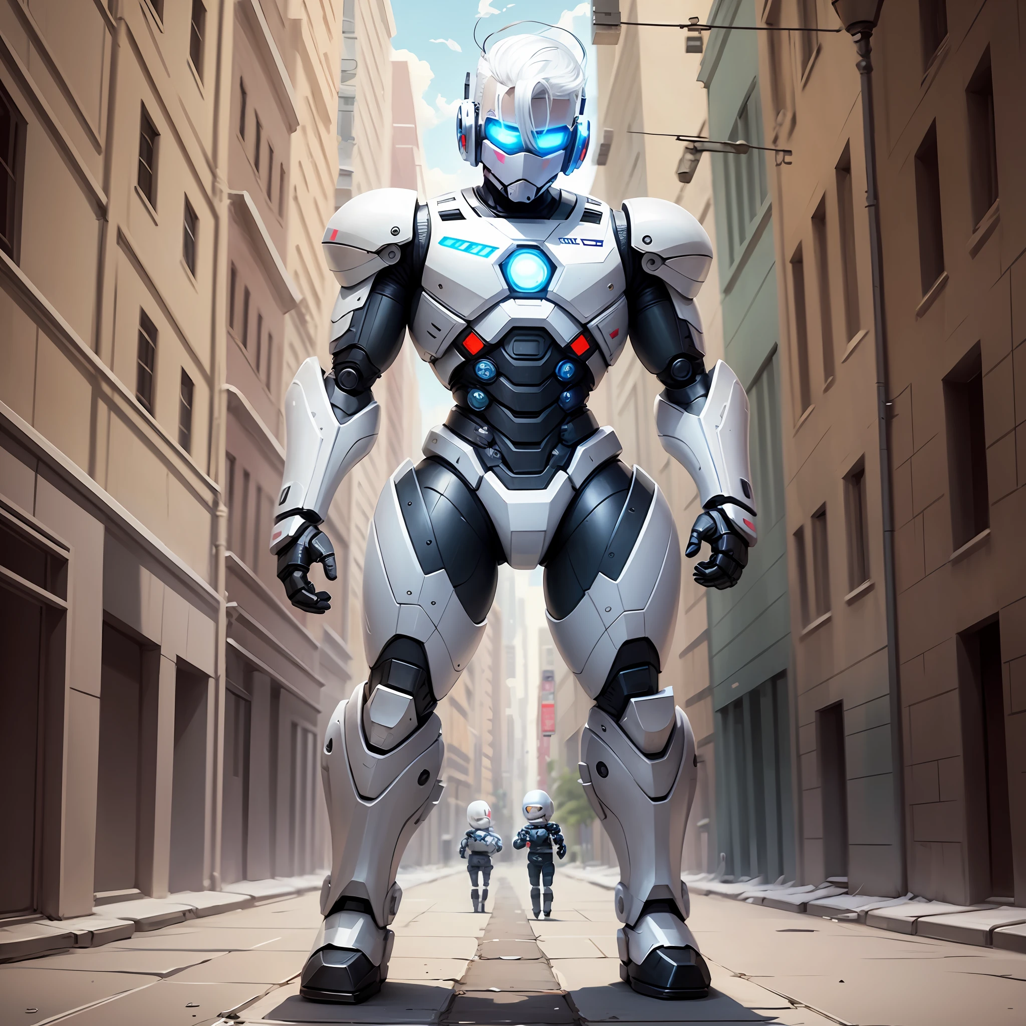 Full body cartoon, very cute full body boy, a white hair robocop in vibrant colors