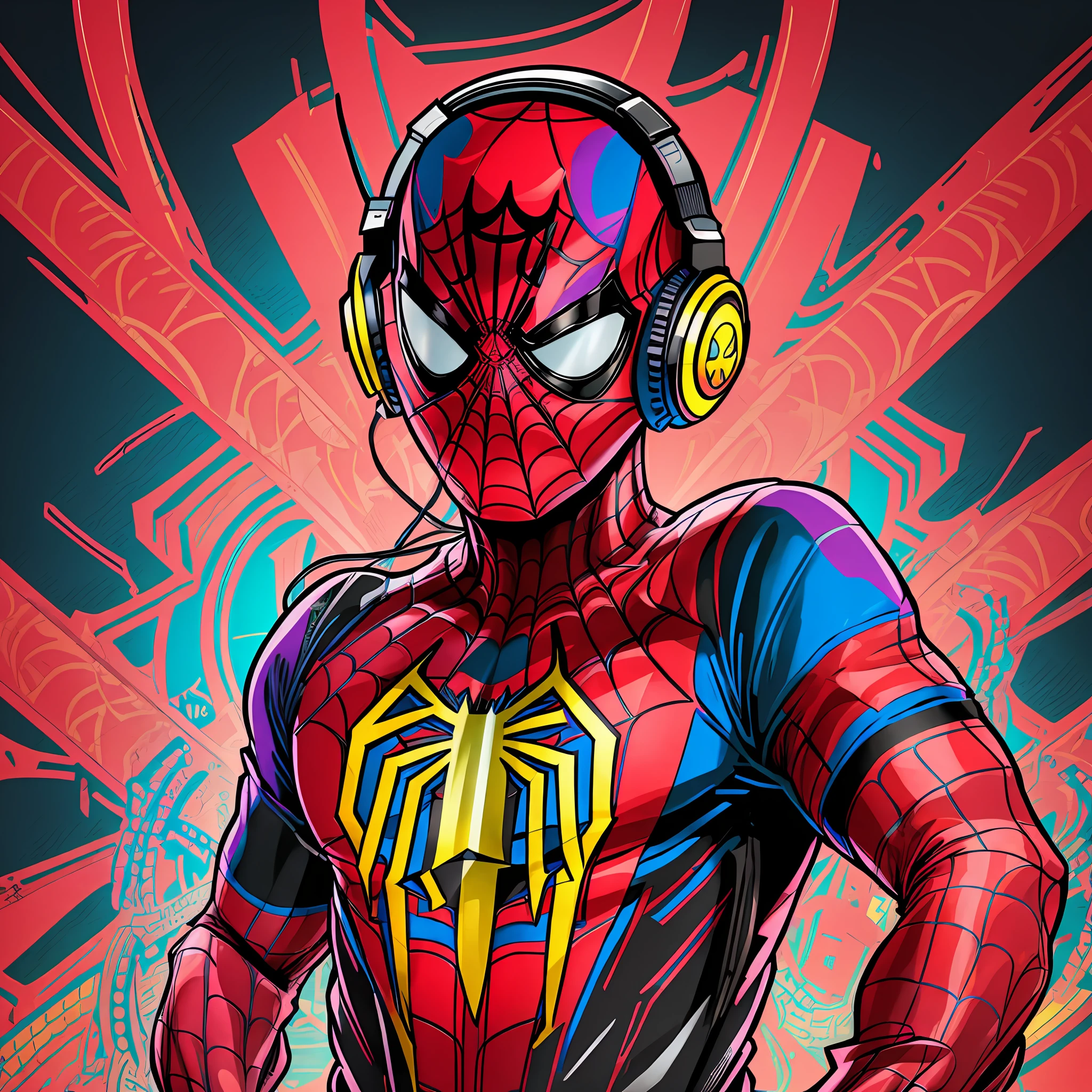 centered, isometric, vector t-shirt art ready to print highly detailed colourful graffiti illustration of Spiderman, wearing headphones with bitcoin logo, face is covered by highly detailed damaged spiderman mask, vibrant color, high detail, 8k  --ar 2:3 --s 1000 --q 2 --style raw --v 5.1