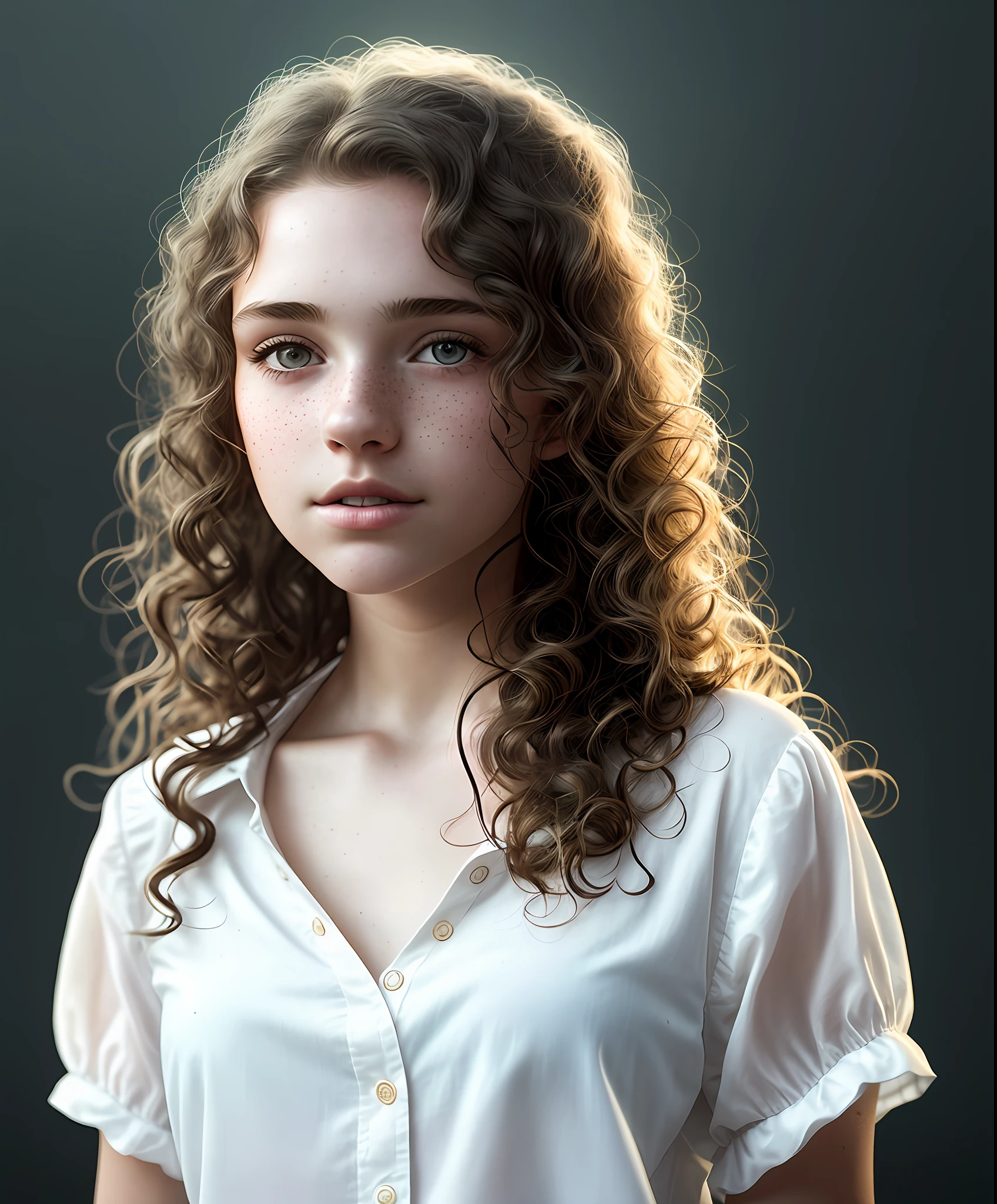 Close-up, beautiful girl, physical rendering photo of a 15 year old girl, curls, freckles, unbuttoned, white blouse, black background, light on face, dream, magical atmosphere, cinematic lighting, embers, fantasy, action pose, mist, CRU photo, 8k uhd, film grain, hyper realistic