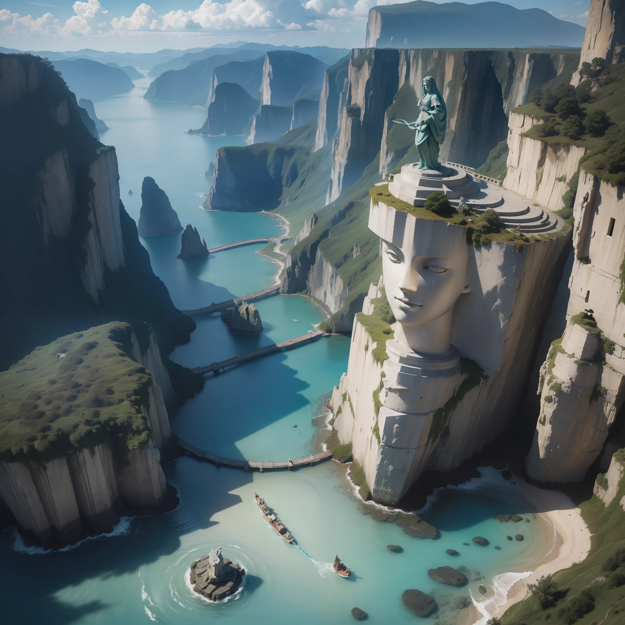 Masterpiece, best quality, (8k very detailed CG unit wallpaper) (best quality), (best illustration), (best shadows), Ultra realistic, high definition, very detailed, A lost world covered by sea water, with ancient statues in the water and strange creatures in the water, ultra realistic