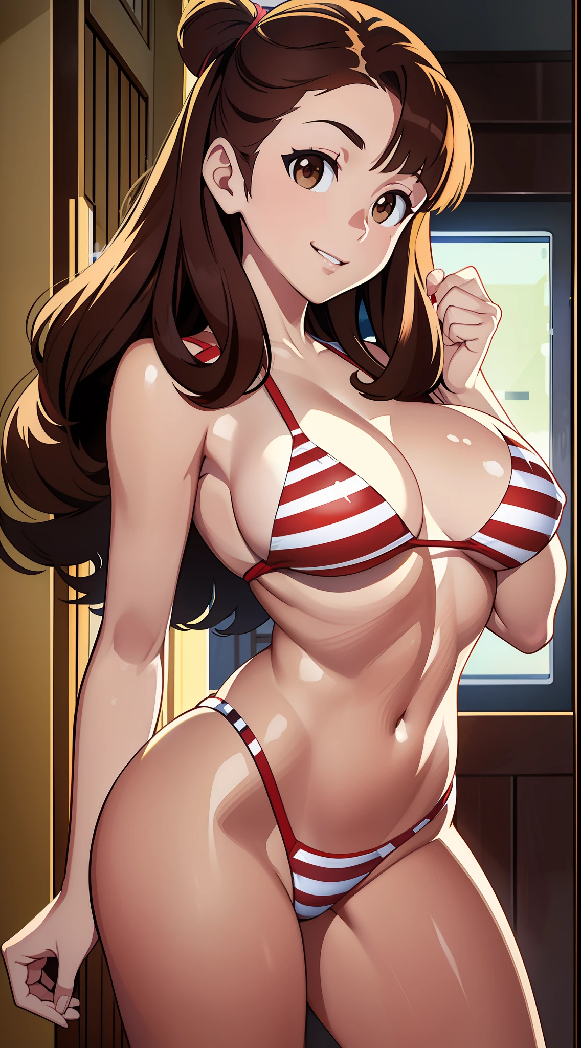 Solo shot of a near-naked Kagari Atsuko wearing a khaki WW2 US army uniform, American flag bikini, featuring long brown hair, brown eyes, huge breasts, narrow waist, toned teen physique, and emphasizing her seductive smile in a WW2 American propaganda poster-style pose.