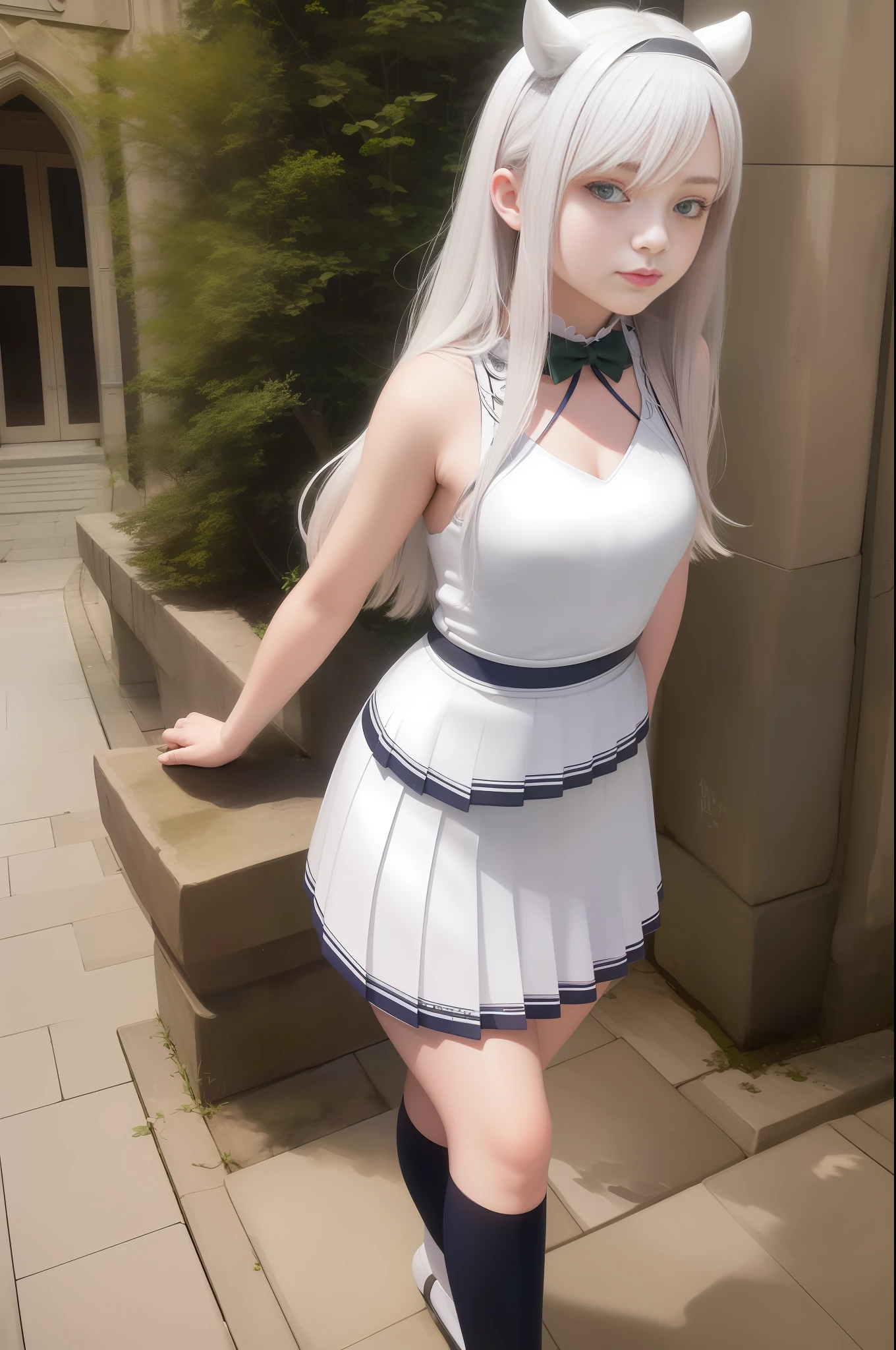 best quality, masterpiece, (photo realisti:1.4), beautiful girl, , yejapanese girl,White hair, green eyes, sistineFibeldef, sistineFibelrnd, looking up, upper body