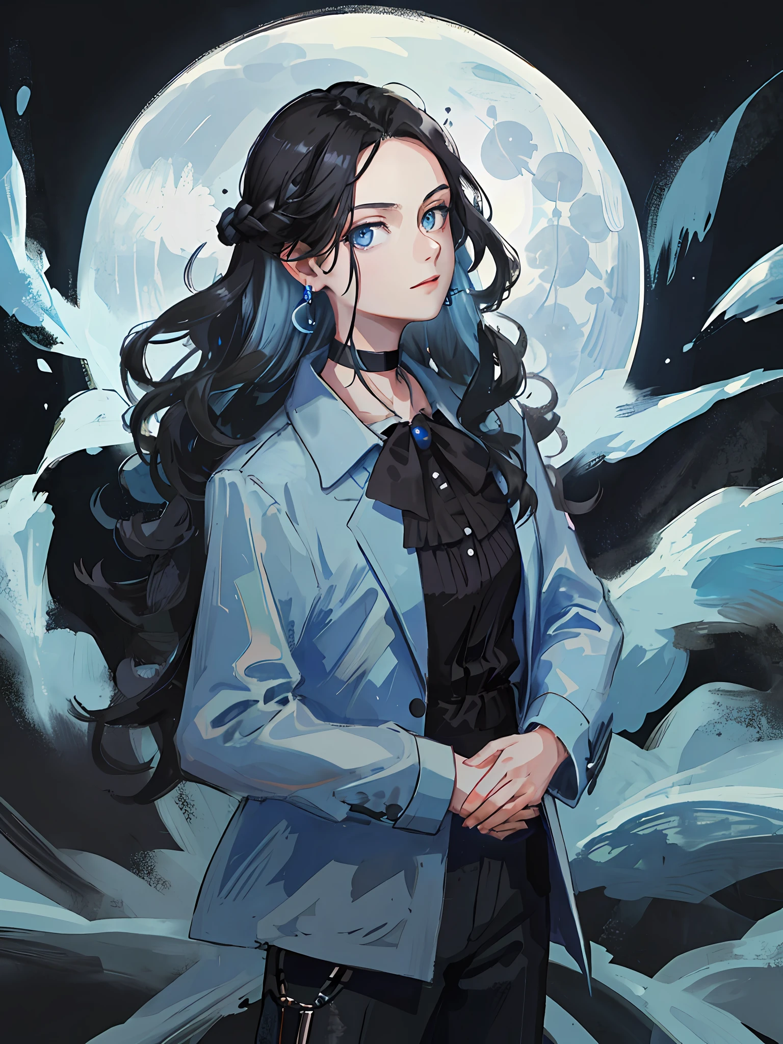 (best quality, masterpiece), portrait, 1 girl, alone, (black hair, long wavy), (light blue eyes), blue earrings, black choker, black long-sleeved blouse and black long pants, with both hands in pockets (night background, full moon)