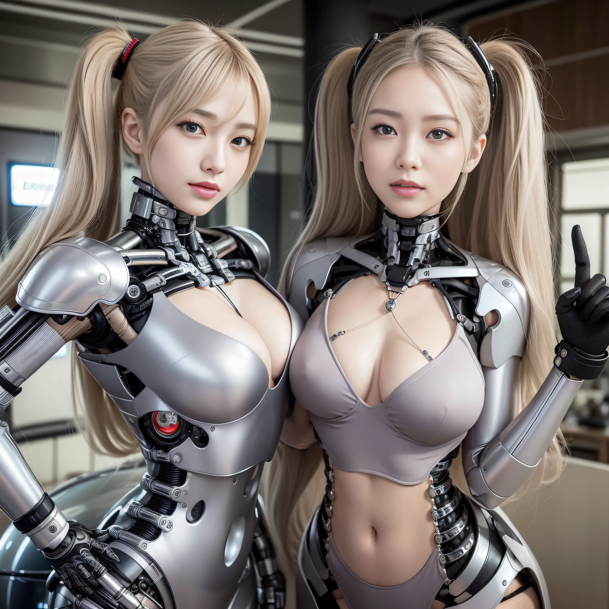 Beautiful Face,face is Japan, 1 Woman, Big, Curvaceous, (16k, RAW photo, top quality, masterpiece: 1.2), (HDR, Realistic, Photorealistic: 1.37) (tube attached to the body), (Bikini Cyborg robot parts)))), (light gray hair), Long hair, Wavy hair, Twin tails, Medium shot, ( Seductive smile)), (black eyes), princess cut,from below,(whole body),posing,,in the lab,( tube connected to blood vessel),((mechanical vertebrae attached to the back)),((mechanical neck attached to the neck)),(wire cable attached to the head and body),(character focus),science fiction,perfect female figure,perfect anatomy,ultraanatomy, Full body shot, up to 4 fingers and 1 thumb relationship,