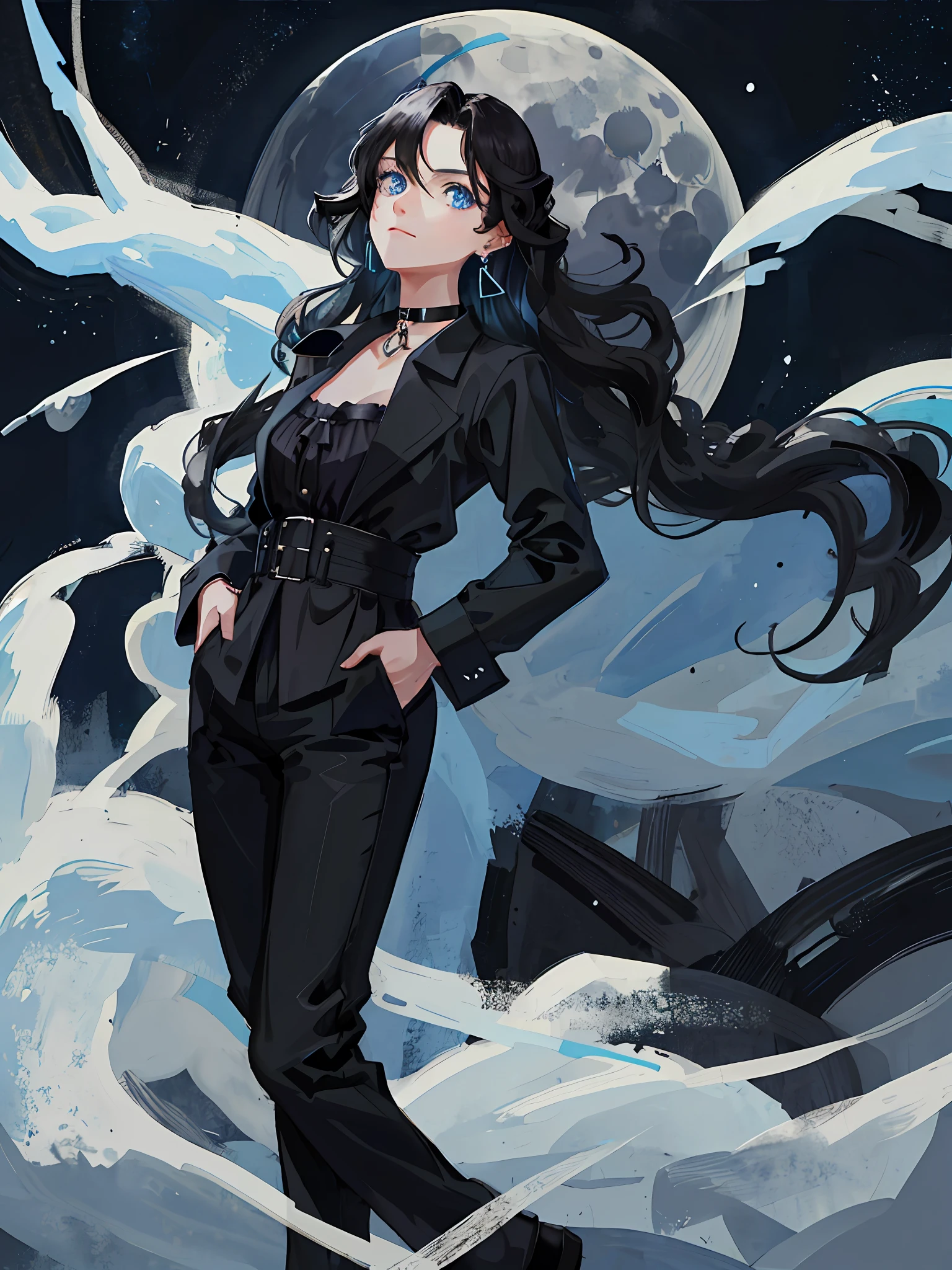 (best quality, masterpiece), portrait, 1 girl, alone, (black hair, long wavy), (light blue eyes), blue earrings, black choker, black long-sleeved blouse and black long pants, with both hands in pockets (night background, full moon)
