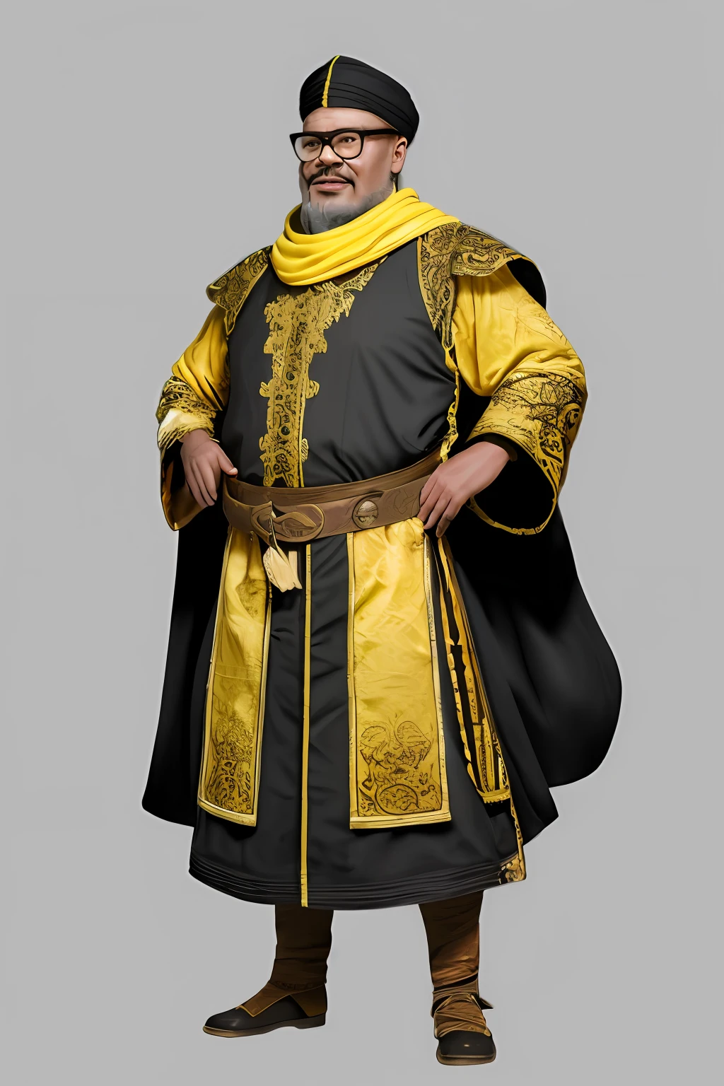 guttonerdvision4, [A very old male Arab sorcerer, dark skin, sharp features, faint smile, wrinkled, worn, with a long black beard, wearing a black and red and gold robe, wearing a yellow cap, portrait, costume illustration, character concept design, detailed clothes, by Paolo Serpieri, artstation, sharp focus, dramatic, expansive], Alhambra, arch, small room, intricate,  elegant, highly detailed, Arabian nights