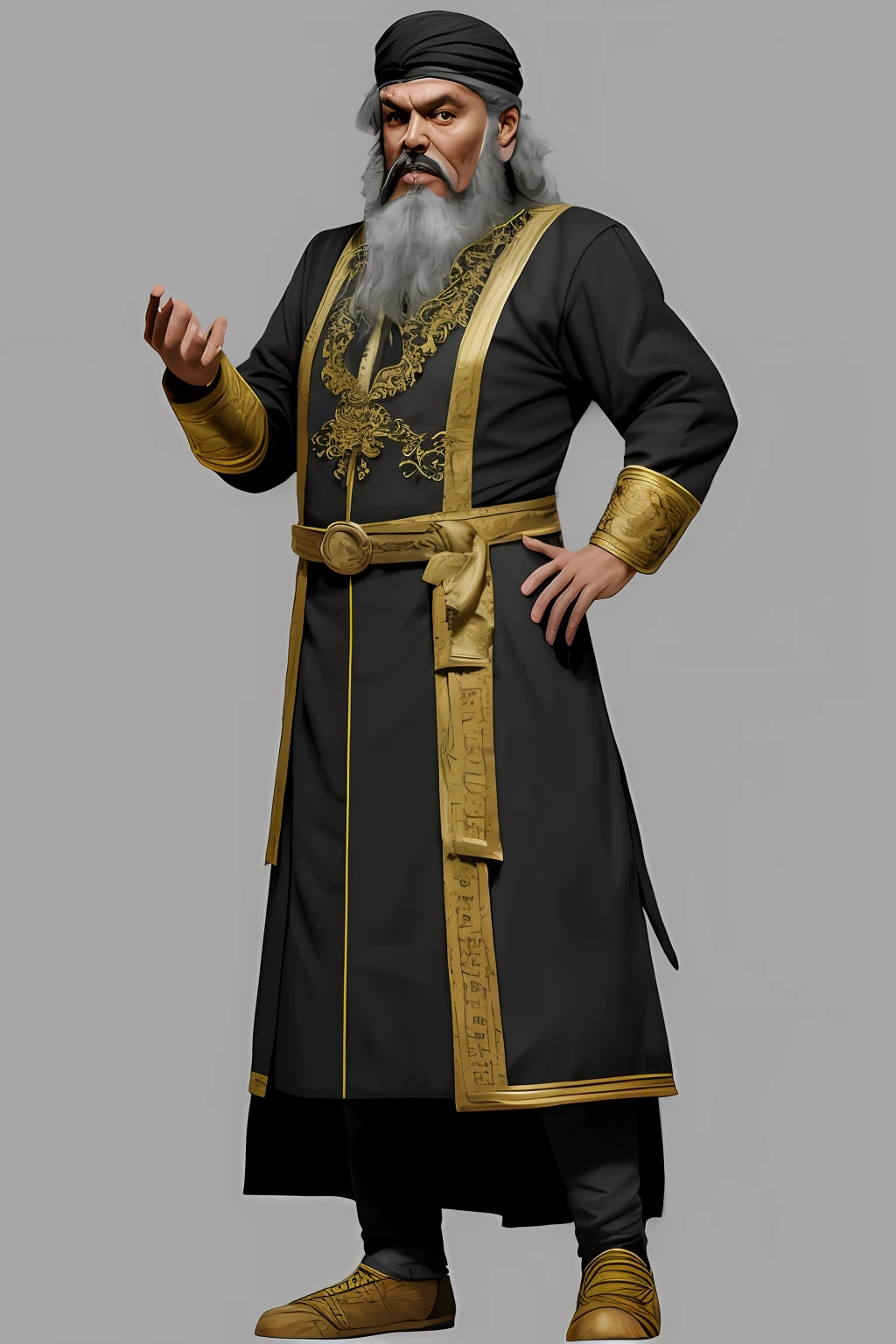 guttonerdvision4, [A very old male Arab sorcerer, dark skin, sharp features, faint smile, wrinkled, worn, with a long black beard, wearing a black and red and gold robe, wearing a yellow cap, portrait, costume illustration, character concept design, detailed clothes, by Paolo Serpieri, artstation, sharp focus, dramatic, expansive], Alhambra, arch, small room, intricate,  elegant, highly detailed, Arabian nights