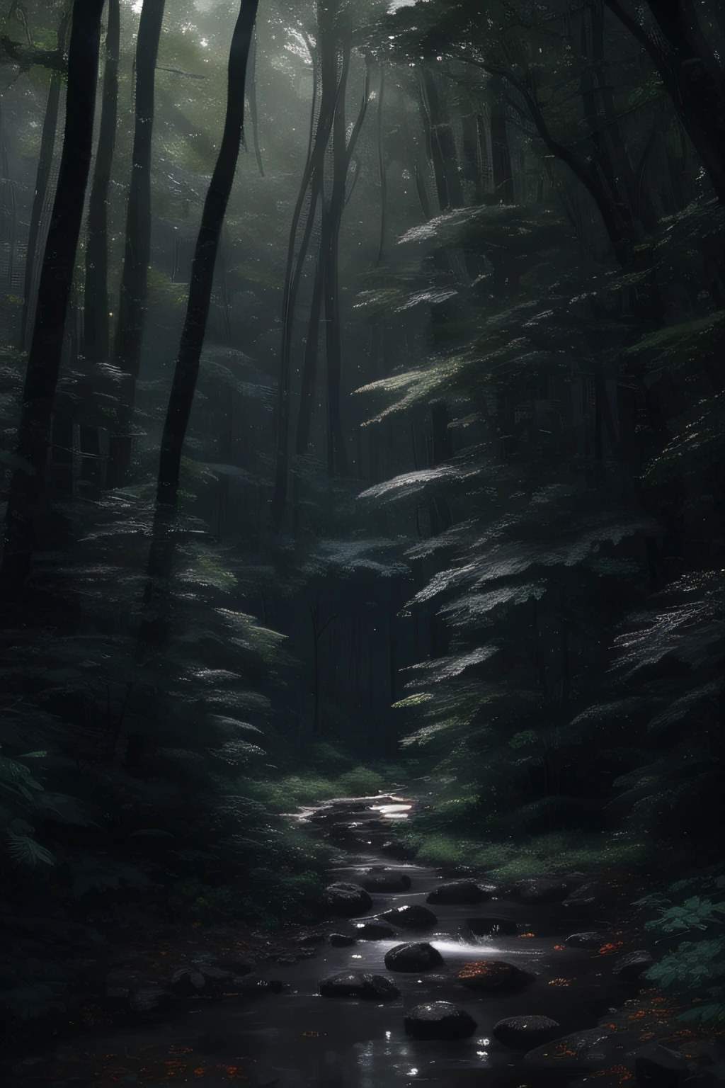 A dense forest in the midst of a heavy nighttime downpour, with raindrops cascading down the trees and thunder rumbling in the distance, masterpiece, best quality, high quality, extremely detailed CG unity 8k wallpaper, oil paiting, award winning photography, Bokeh, Depth of Field, HDR, bloom, Chromatic Aberration ,Photorealistic,extremely detailed, trending on artstation, trending on CGsociety, Intricate, High Detail, dramatic, art by midjourney, (volumetric lighting:1.2)