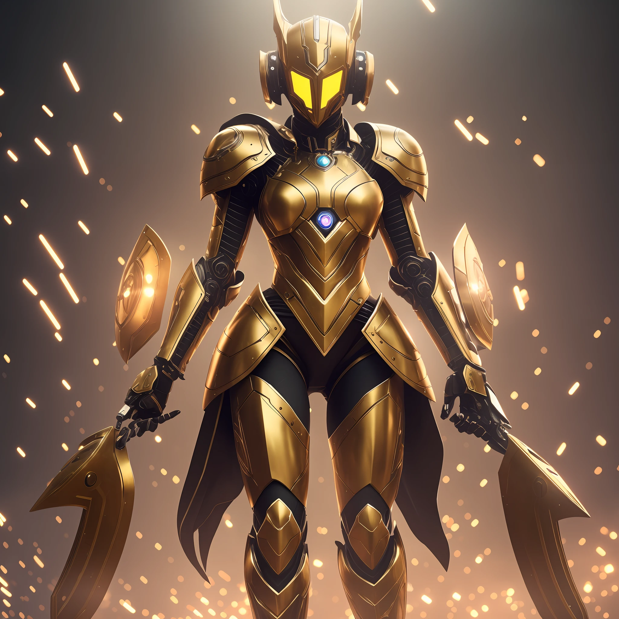 Well-lit image, 8k, high quality. Ultra realistic, Robot with feminine appearance, full body, with legs and arm well visible, from head to toe, wearing golden armor with black details. Holding a shield. Facing the camera. --auto --s2
