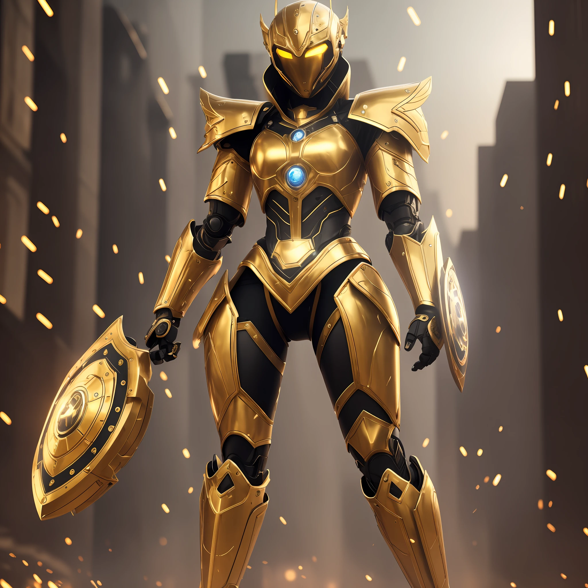 Well-lit image, 8k, high quality. Ultra realistic, Robot with feminine appearance, full body, with legs and arm well visible, from head to toe, wearing golden armor with black details. Holding a shield. Facing the camera. --auto --s2