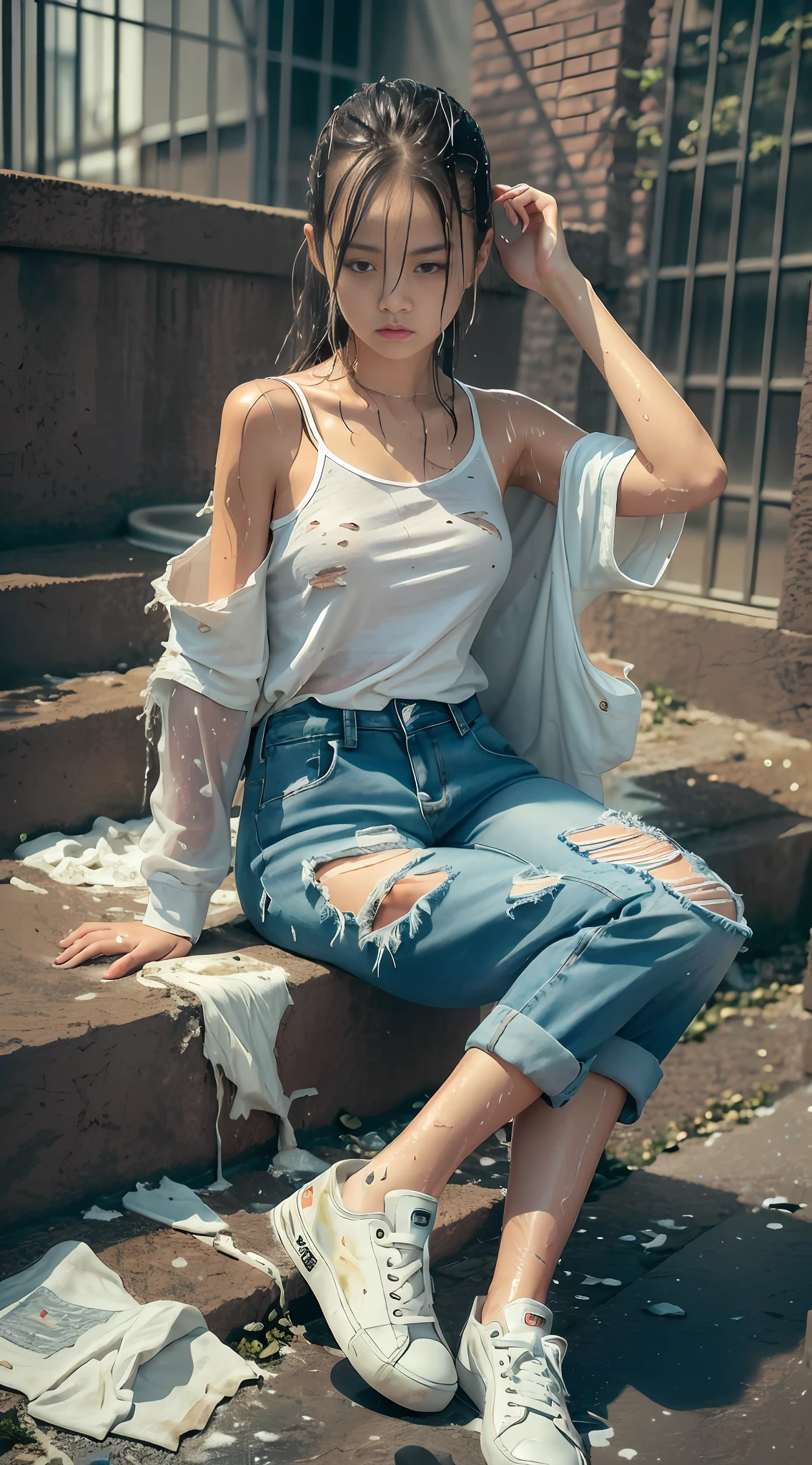 best image quality, masterpiece, super high resolution, (fidelity:1.4), photo, 1 girl, white shirt, torn jeans, white sneakers, dim, darkness, despair, pity, poor, movie, tears, teardrops, (torn clothes:1.5), (wet clothes:1.4), bare shoulders, real rain, wet hair,..微笑