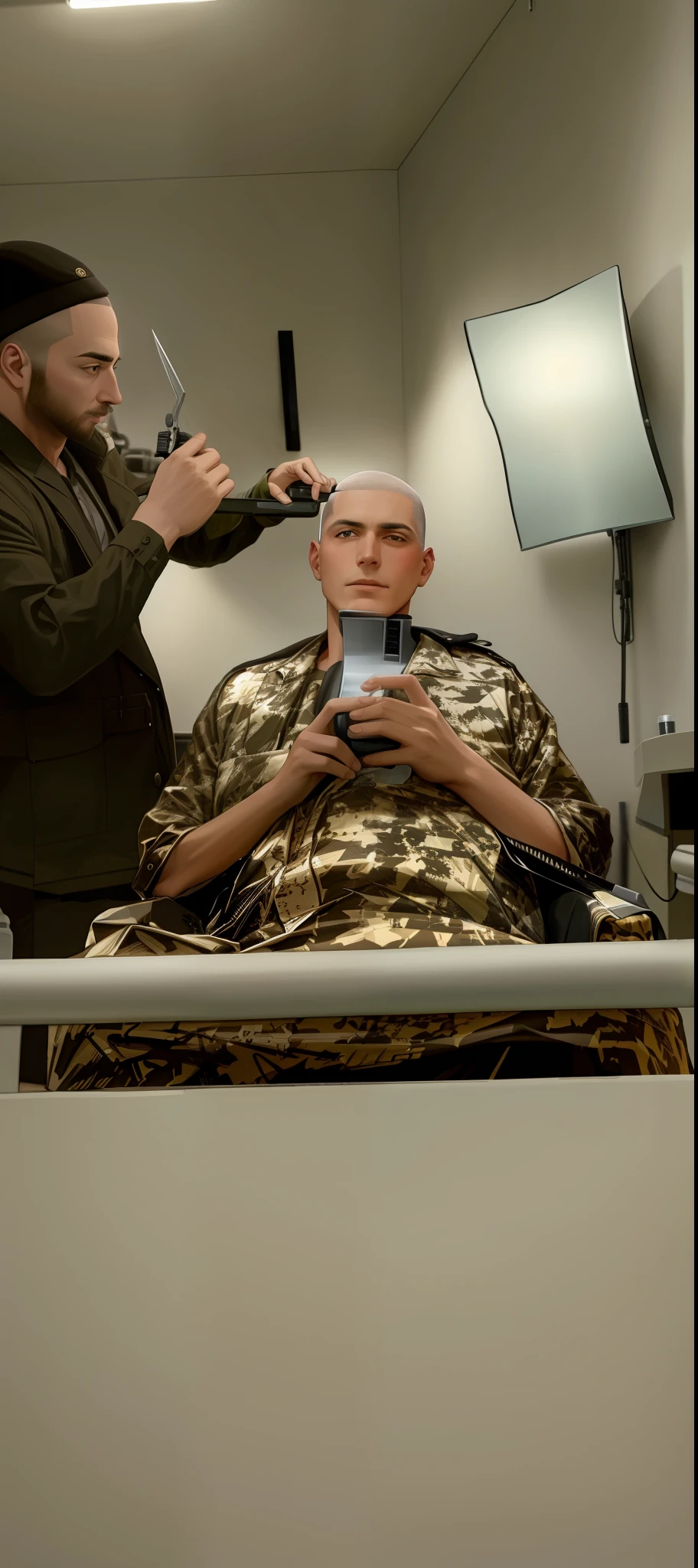 There's a man having his hair cut by a barber, head shaved, haircut shaved, military cinematic lighting