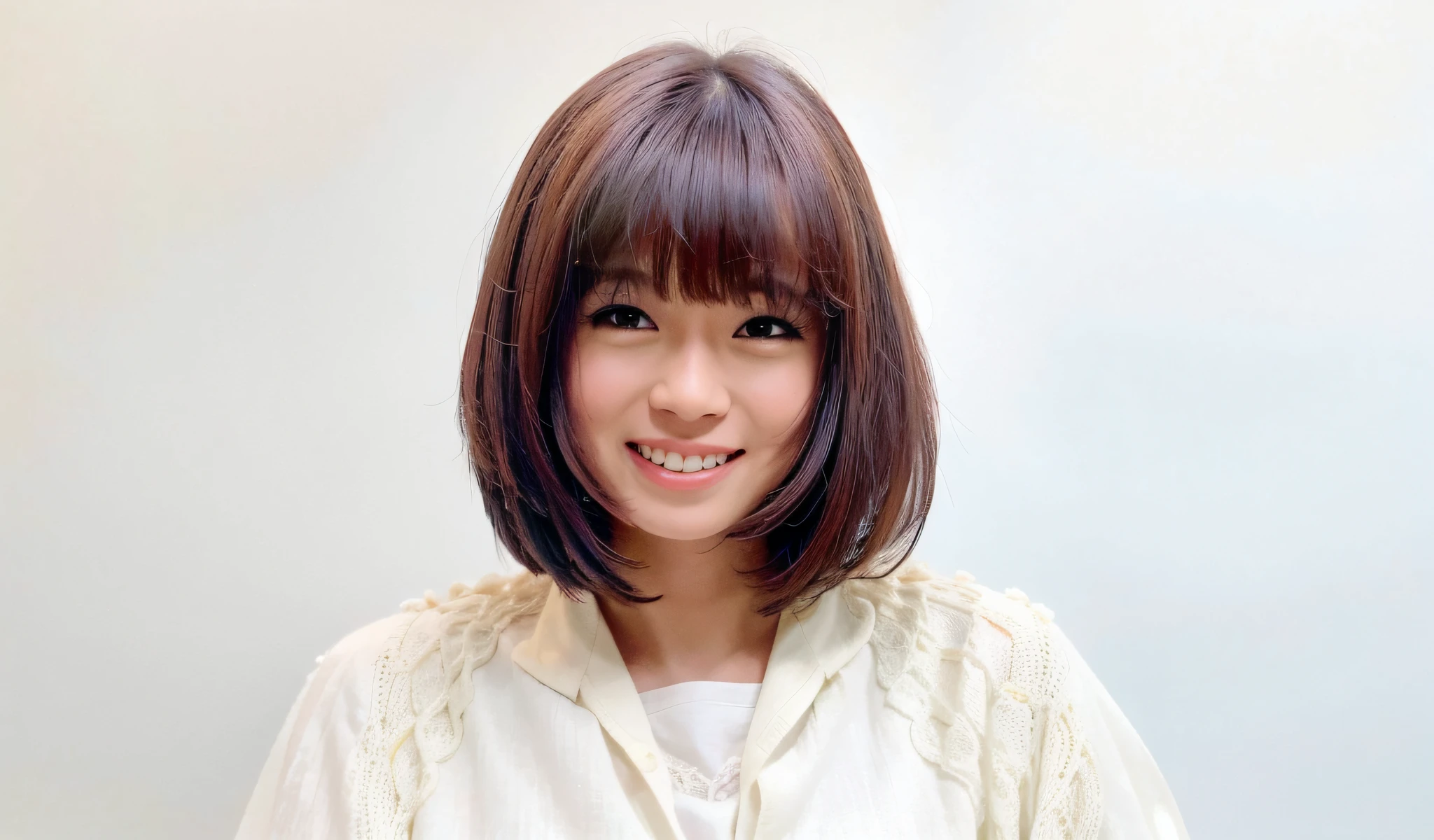 There is a woman with a short haircut and a white shirt, with short hair, ayaka, white hime hairstyle cut, hime cut, kasumi arimura style 3/4, takada akemi, chiho, with a bob cut, with short hair with bangs, short hair - medium length, kawaii hairstyle, ayami kojima amano, picture in realistic style