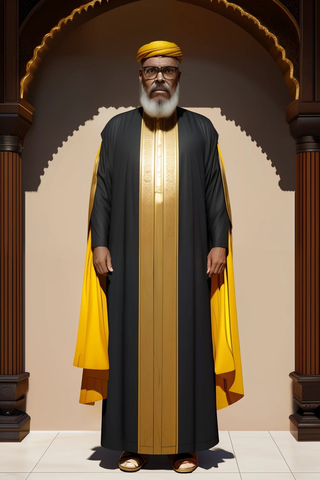 guttonerdvision4, [A very old male Arab sorcerer, dark skin, sharp features, faint smile, wrinkled, worn, with a long black beard, wearing a black and red and gold robe, wearing a yellow cap, portrait, costume illustration, character concept design, detailed clothes, by Paolo Serpieri, artstation, sharp focus, dramatic, expansive], Alhambra, arch, small room, intricate,  elegant, highly detailed, Arabian nights