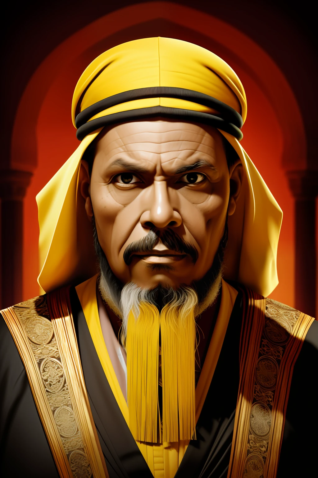 guttonerdvision4, [A very old male Arab sorcerer, dark skin, sharp features, faint smile, wrinkled, worn, with a long black beard, wearing a black and red and gold robe, wearing a yellow cap, portrait, costume illustration, character concept design, detailed clothes, by Paolo Serpieri, artstation, sharp focus, dramatic, expansive], Alhambra, arch, small room, intricate,  elegant, highly detailed, Arabian nights