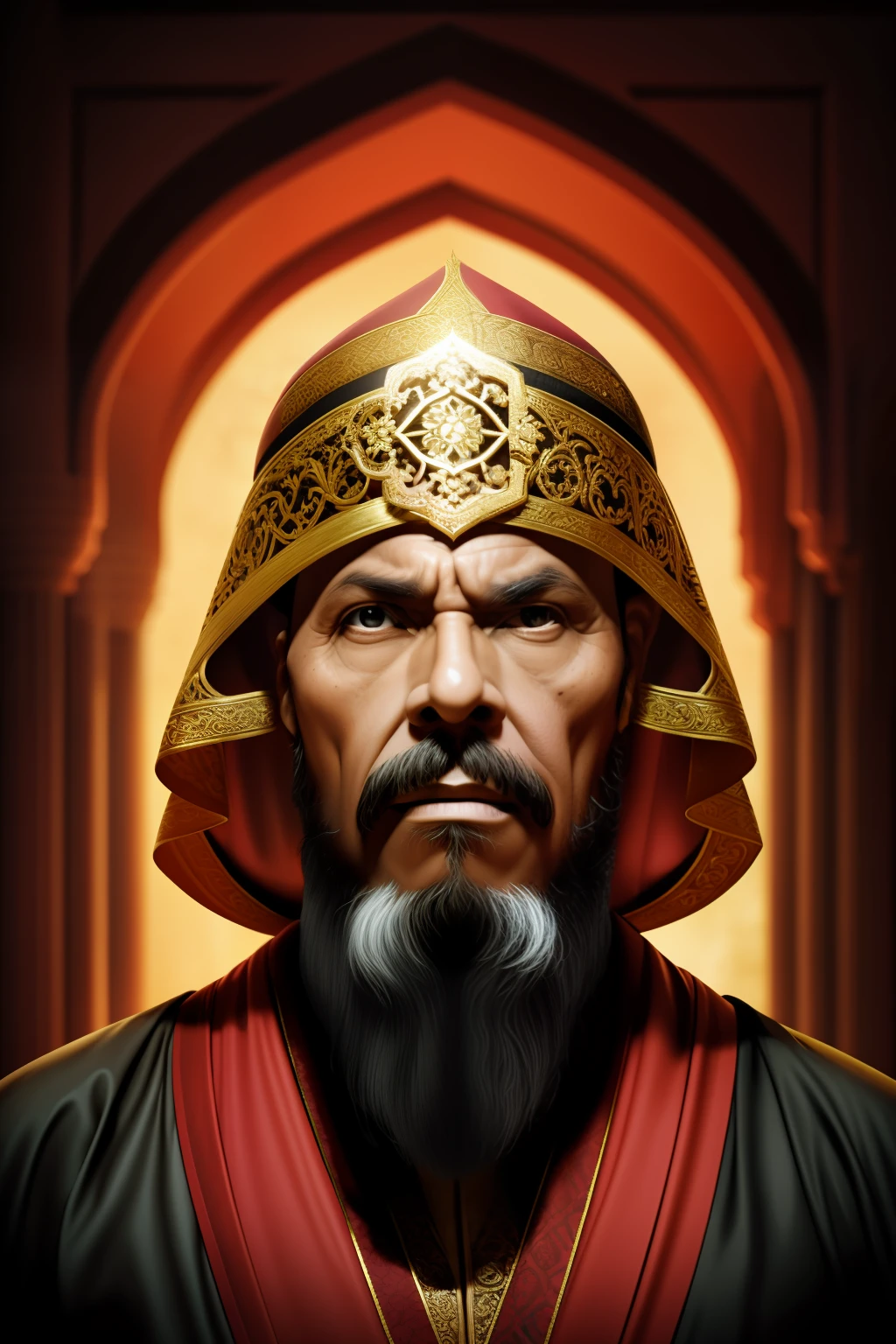guttonerdvision4, [A very old male Arab sorcerer, dark skin, sharp features, faint smile, wrinkled, worn, with a long black beard, wearing a black and red and gold robe, wearing a yellow cap, portrait, costume illustration, character concept design, detailed clothes, by Paolo Serpieri, artstation, sharp focus, dramatic, expansive], Alhambra, arch, small room, intricate,  elegant, highly detailed, Arabian nights