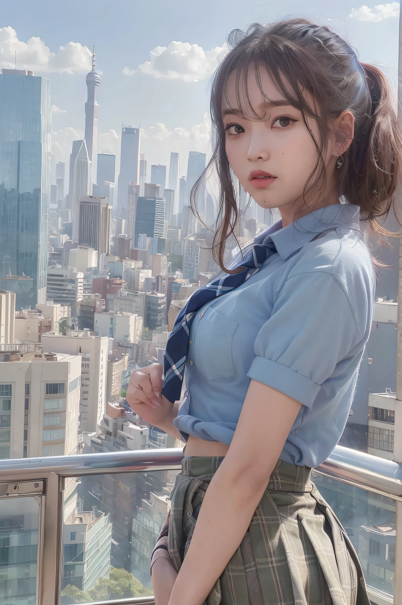 very smilimg,(best quality)++,(masterpiece)++,(ultra detailed)++,(highres)++,(8k portrait)++,production art,((Add layer)),upper body,from side,1girl,solo,cityscape, tokyo scenery,rooftop,noon,blue sky,(wind:1.2),delicate face,look far away,white fur ear,green eyes,short sleeve school uniform,silver blue striped tie,blue tartan skirt,hands on hips,stare into the distance,