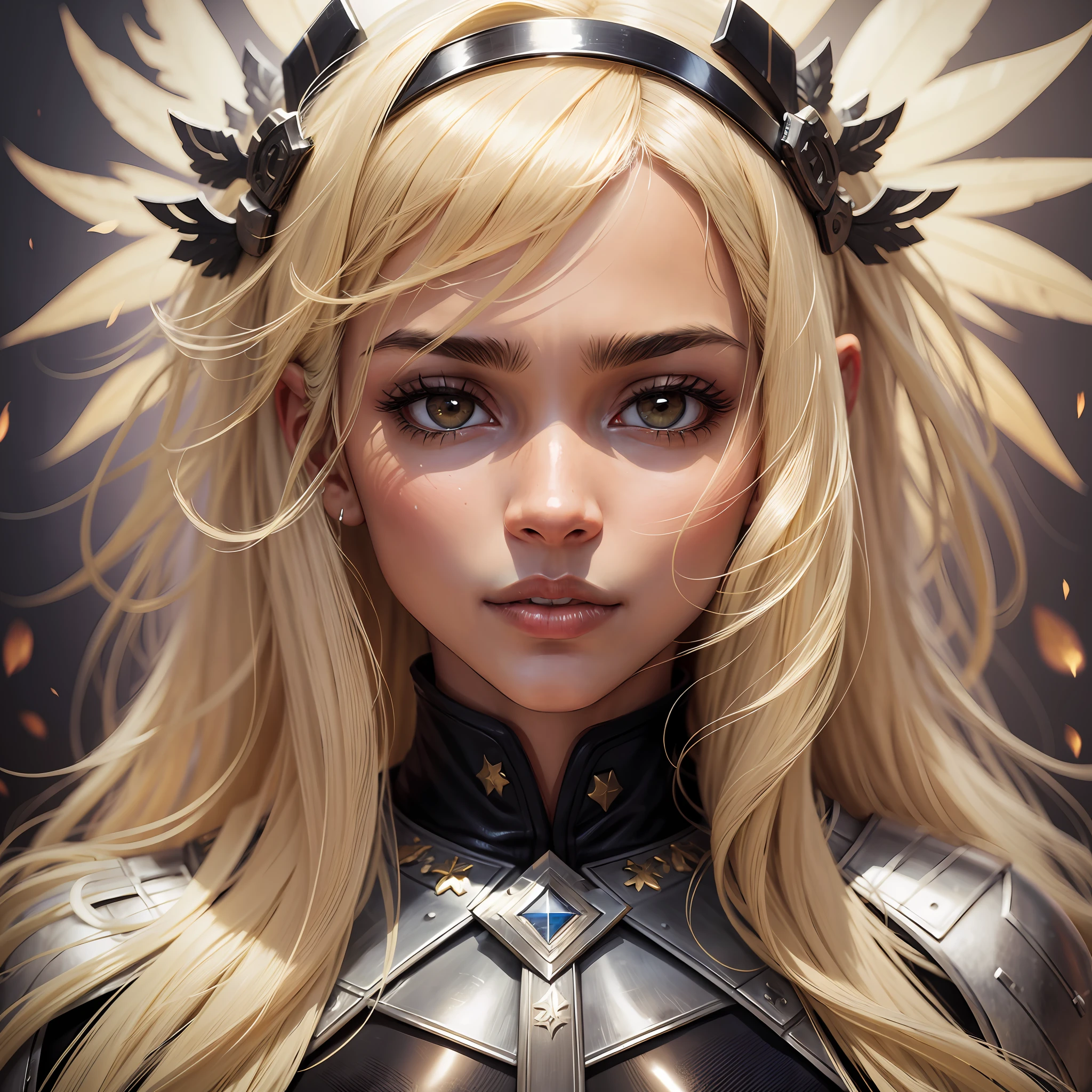 black angelic warrior woman with white hair, blonde hair, halo, realism, image fill, best quality --auto --s2