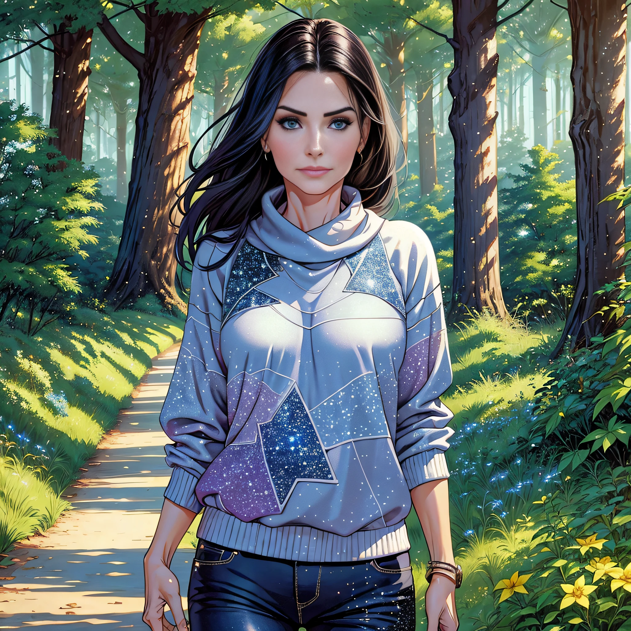 Courteney Cox with an outfit made of stars, clouds, trees