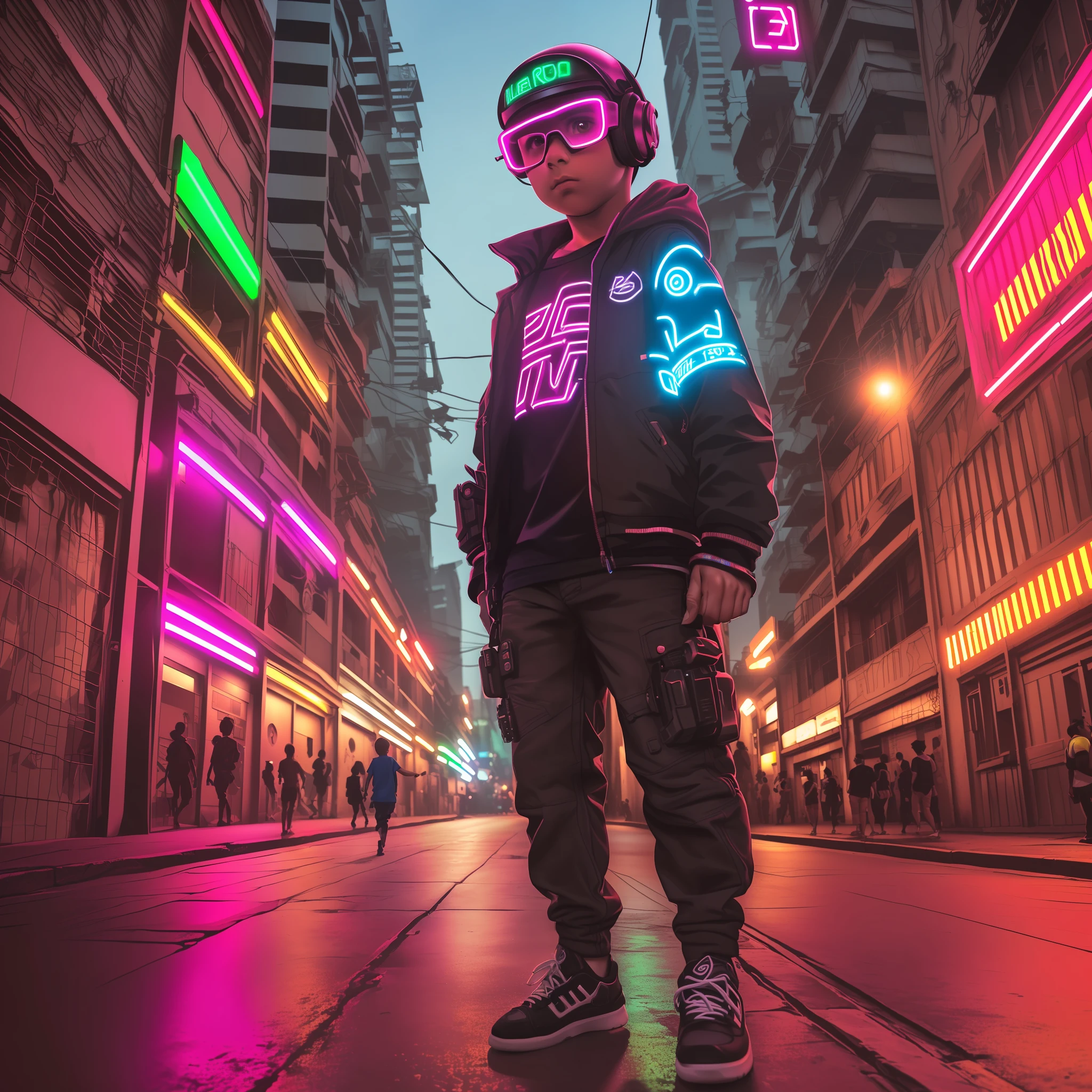 Create a geek kid on São Paulo Avenue in a cyberpunk era with neon light in the background --auto --s2