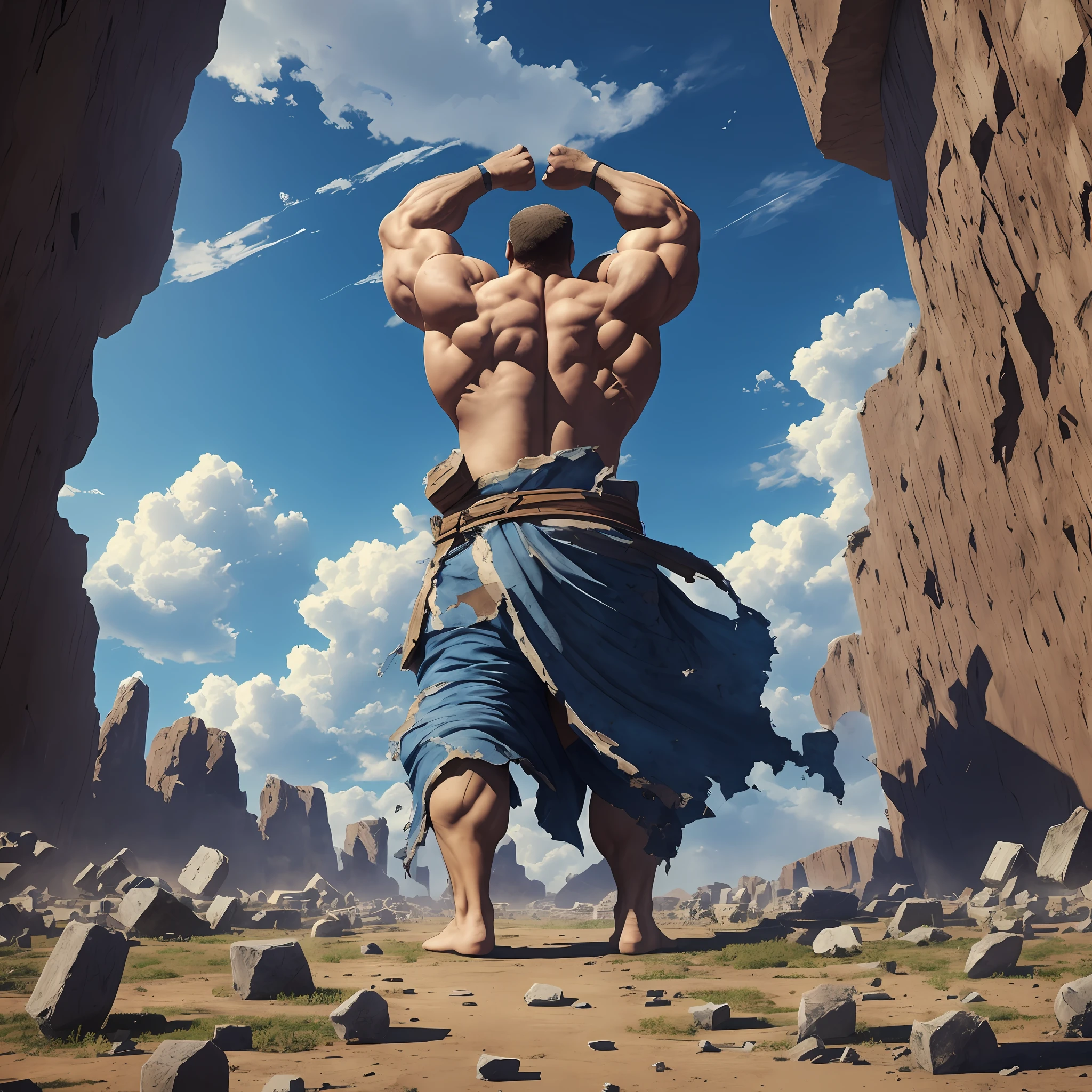 Big strong man with his arms up with scars all over his body rising from a shattered earth, view from the back, blue sky --auto --s2