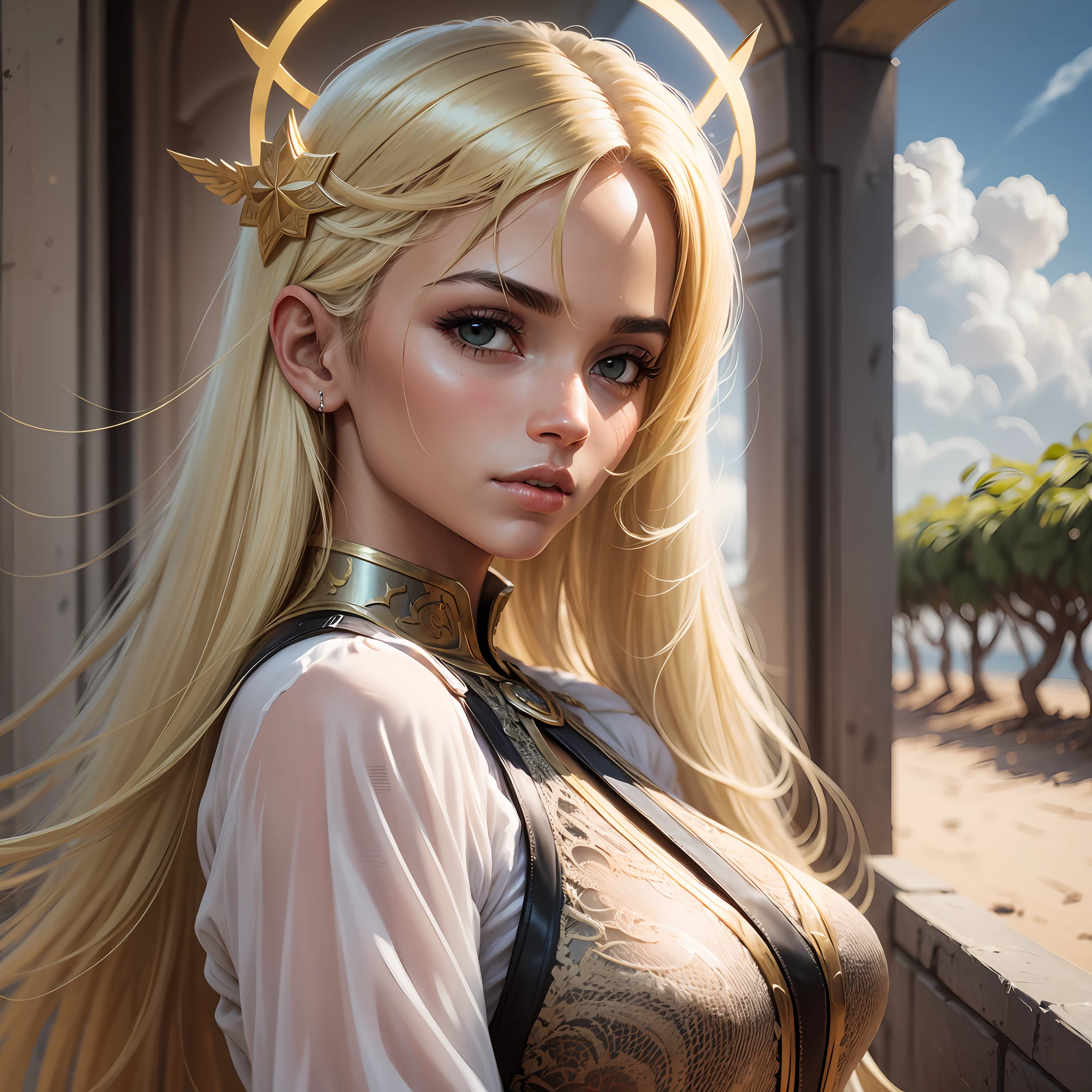 black angelic warrior woman with white hair, blonde hair, halo, realism, image fill, best quality --auto --s2