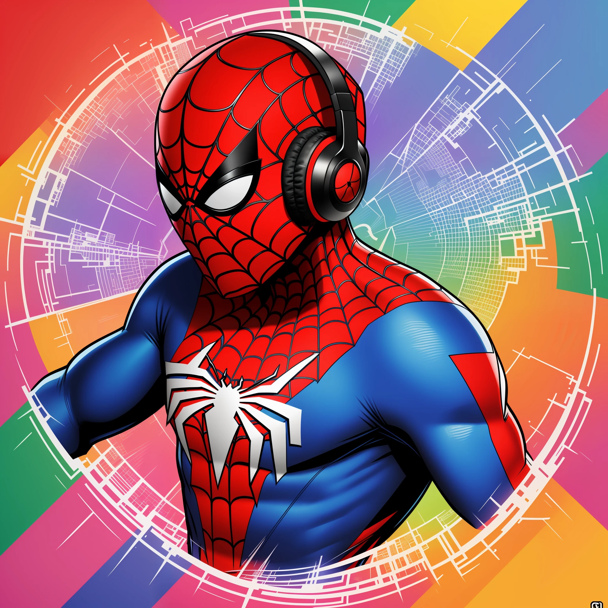 centered, isometric, vector t-shirt art ready to print highly detailed colourful graffiti illustration of Spiderman, wearing headphones with bitcoin logo, face is covered by highly detailed damaged spiderman mask, vibrant color, high detail, 8k  --ar 2:3 --s 1000 --q 2 --style raw --v 5.1