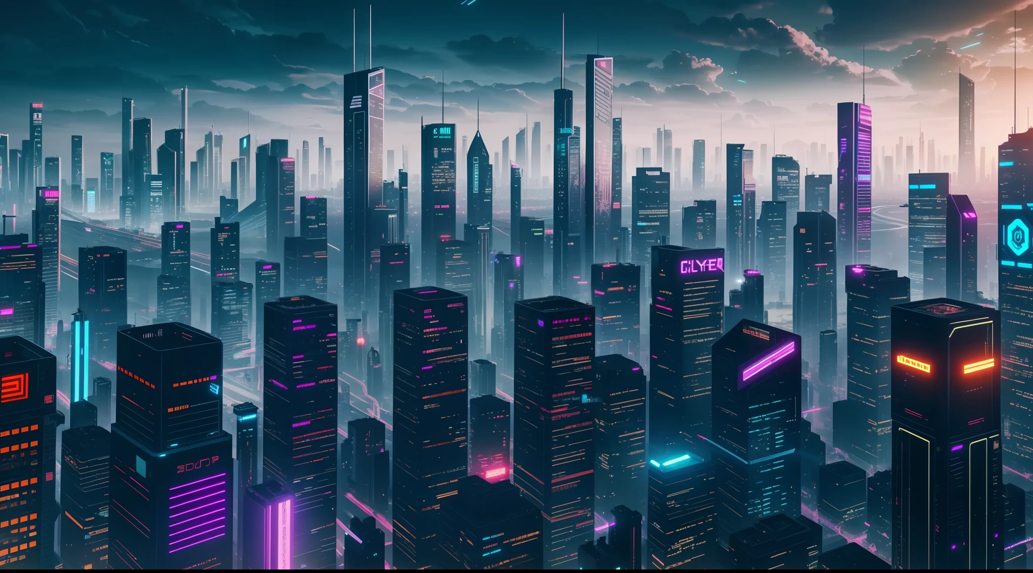 cyberpunk city, realistic skyline, cyber urban fantasy, vibrant, photorealistic, realistic, dramatic, dark, sharp focus, 8k