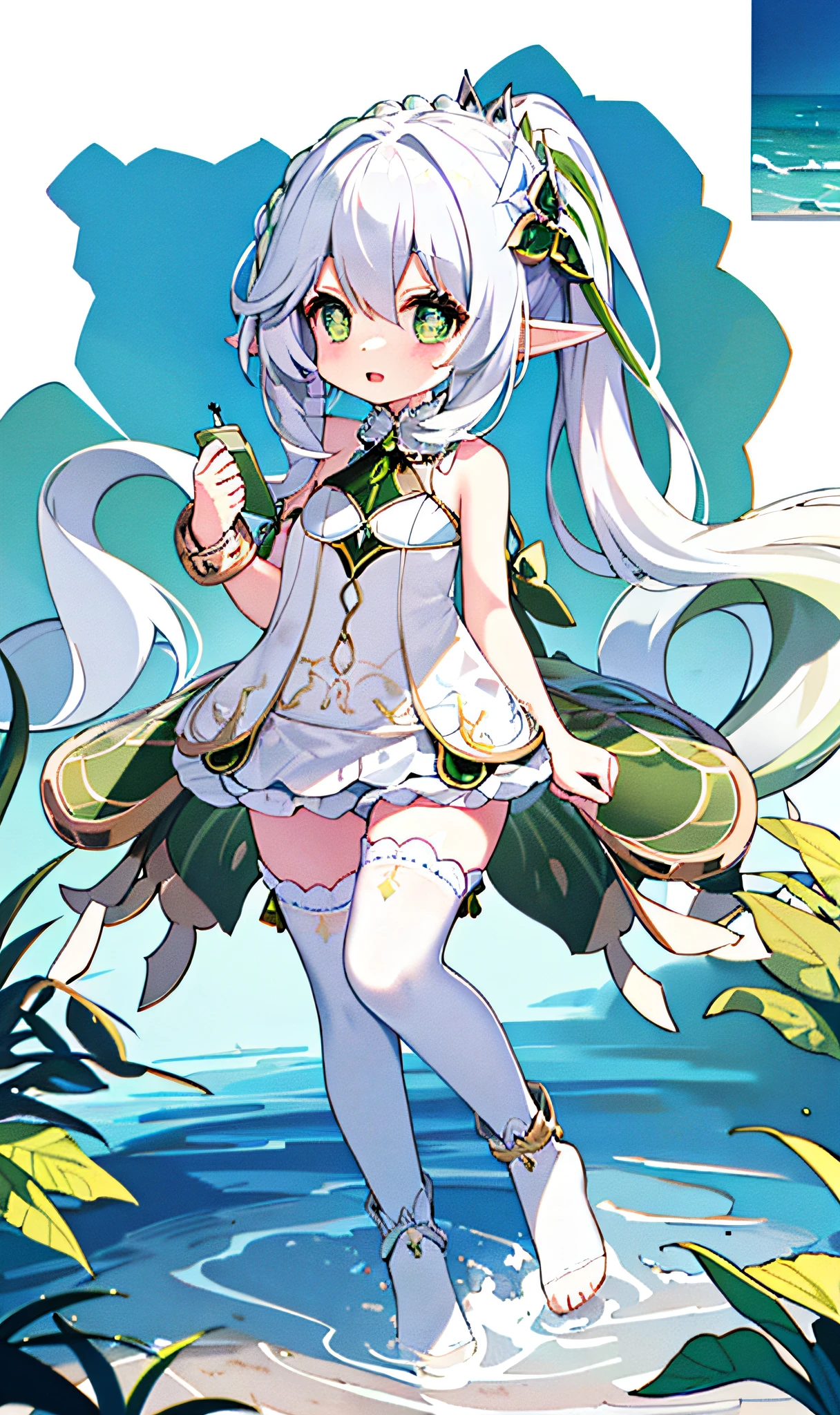 (white background: 1.4), (chibi: 1.2),
masterpiece, best quality,
Solo, ((an extremely delicate and beautiful girl)),(full body: 1.2), elf ear, hair ornament, chipped hair, short hair, light green eyes, medium chest, white dress, silver hair
standing,(ruffles),(white_thighhighs),holding,closing mouth,
fantasy, (surrounded by the wave of the sea), nahida, naked, completely naked, white bikini