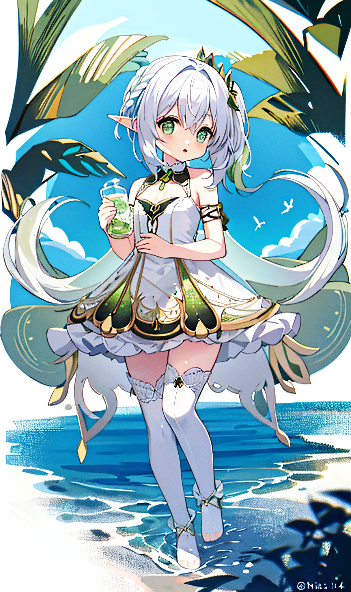 (white background: 1.4), (chibi: 1.2),
masterpiece, best quality,
Solo, ((an extremely delicate and beautiful girl)),(full body: 1.2), elf ear, hair ornament, chipped hair, short hair, light green eyes, medium chest, white dress, silver hair
standing,(ruffles),(white_thighhighs),holding,closing mouth,
fantasy, (surrounded by the wave of the sea), nahida, naked, completely naked, white bikini