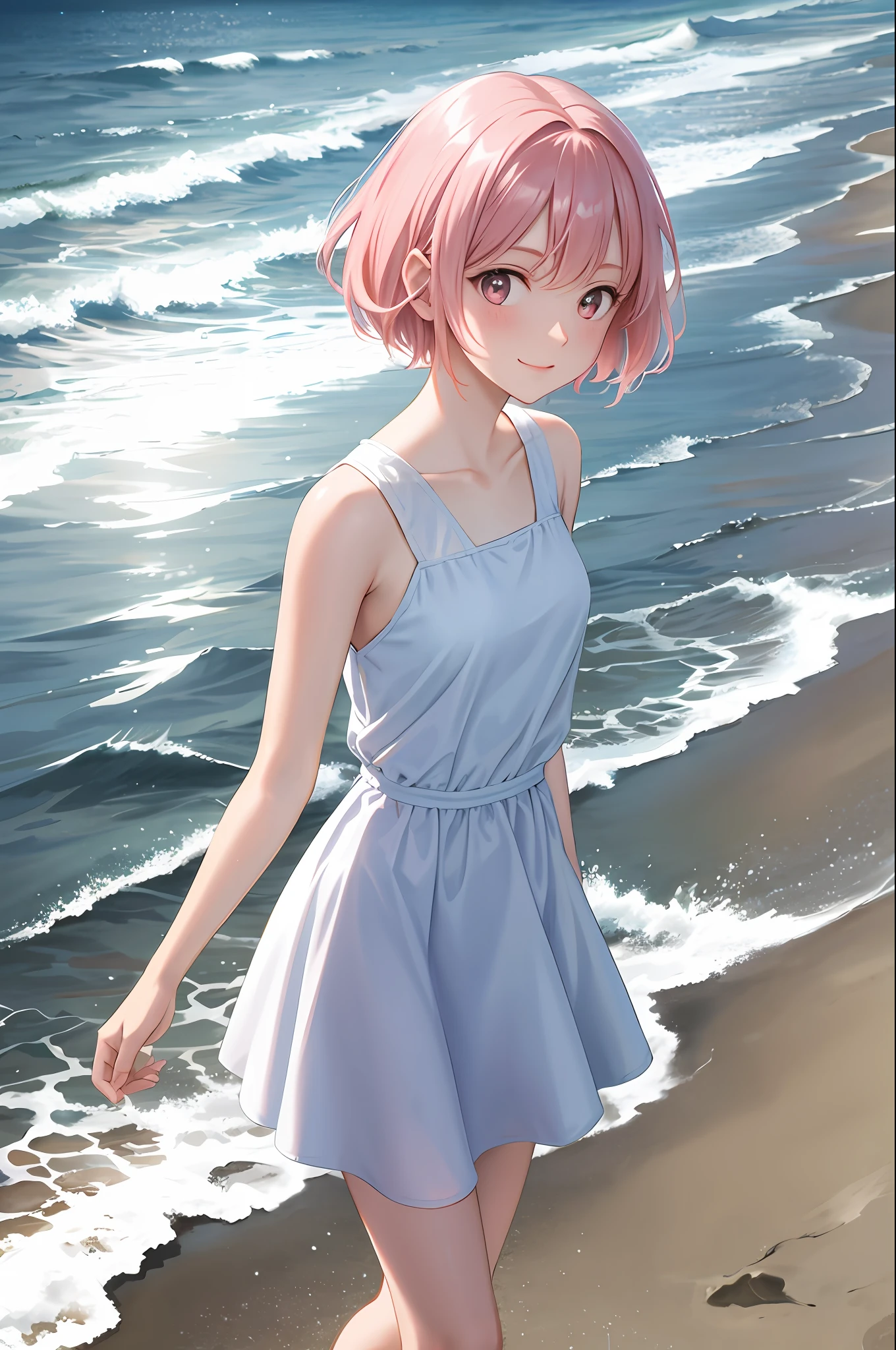 Woman enjoying walking on the beach. 18 years old. Sunlight reflected in the sea. Volumetric light. Reflection, refraction. Short hair, sleeveless dress, small breasts, pink hair