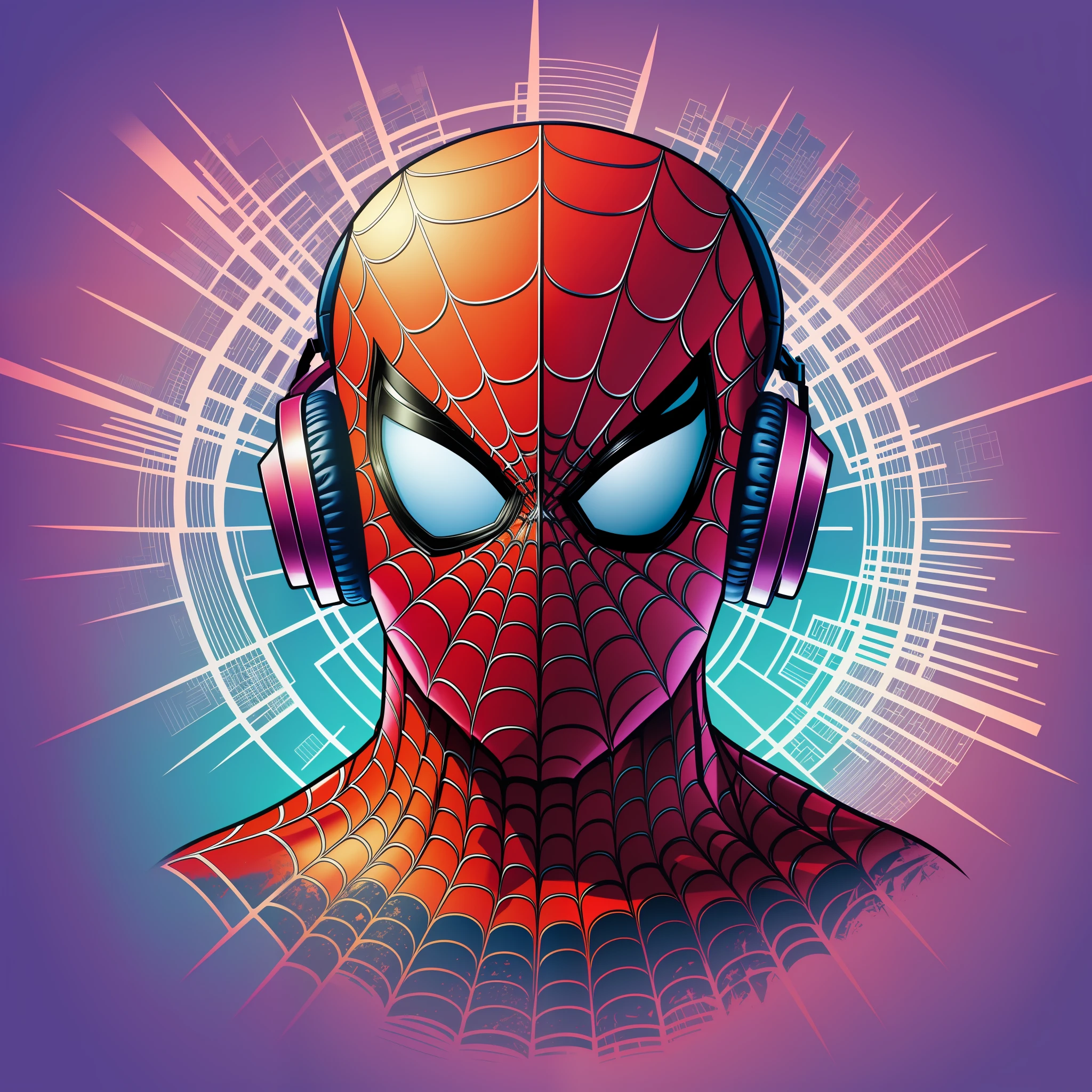 centered, isometric, vector t-shirt art ready to print highly detailed colourful graffiti illustration of Spiderman, wearing headphones with bitcoin logo, face is covered by highly detailed damaged spiderman mask, vibrant color, high detail, 8k --ar 2:3 --s 1000 --q 2 --style raw --v 5.1