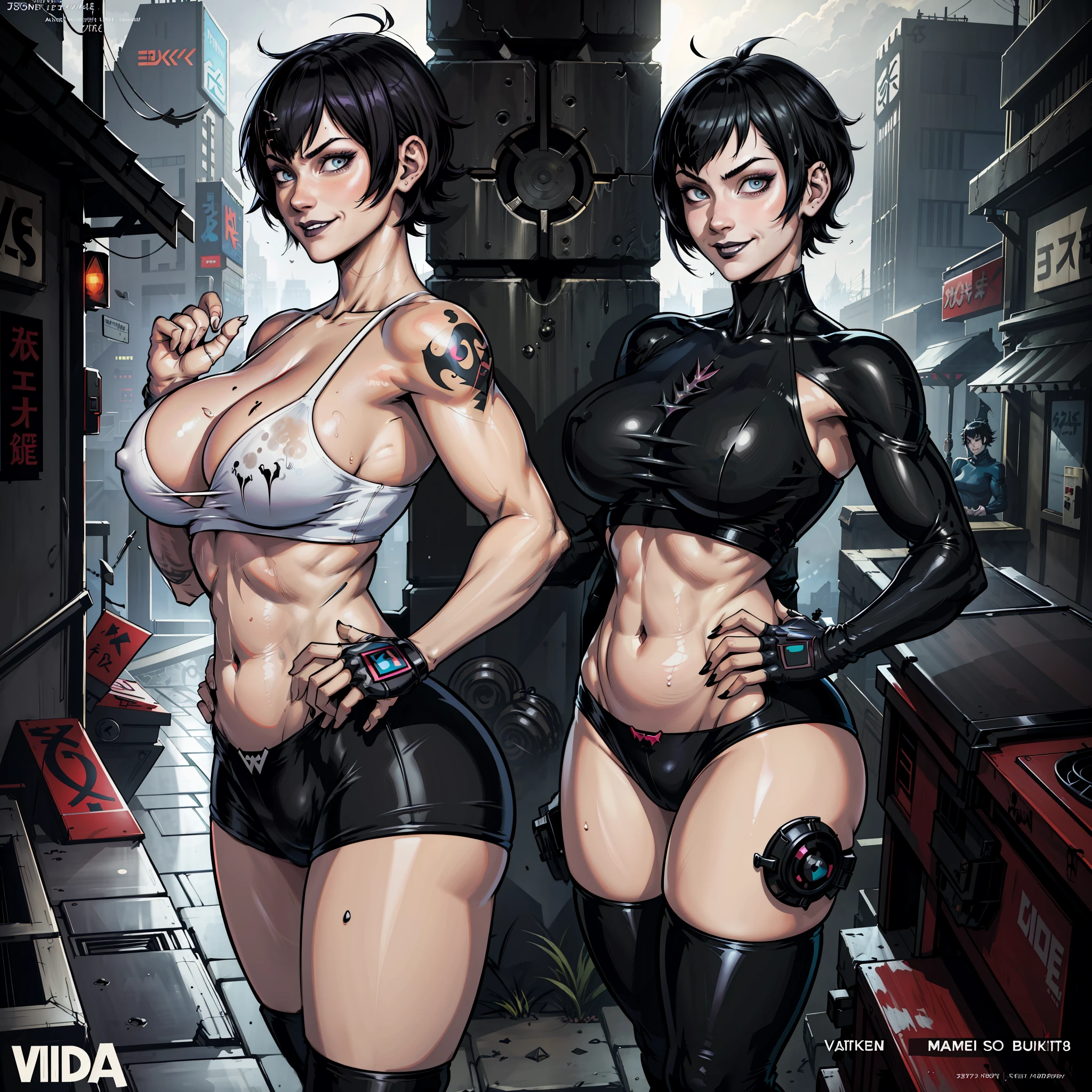 comic book cover, character concept art, pose, 1girl, fair skin, Yusuke Murata style, cyberpunk style short hair, black hair, eyes with heterochromia, tattoo on right arm, anime digital art, beautiful anime girl, female anime girl, muscular!, big oppai, Ilya Kuvshinov, badass 8k anime, very attractive, gothic, vampire eyes, beautiful face, sweaty body, perfect body, Fit body, abdomen, large breasts, chubby butt, prancing ass, plump butt, goth clothes, dark clothes, vampire clothes, detailed background, pale skin, vampire, kawai face, sensual body, ( cum smile on face, cum in hair, cum projectile :1.3 )