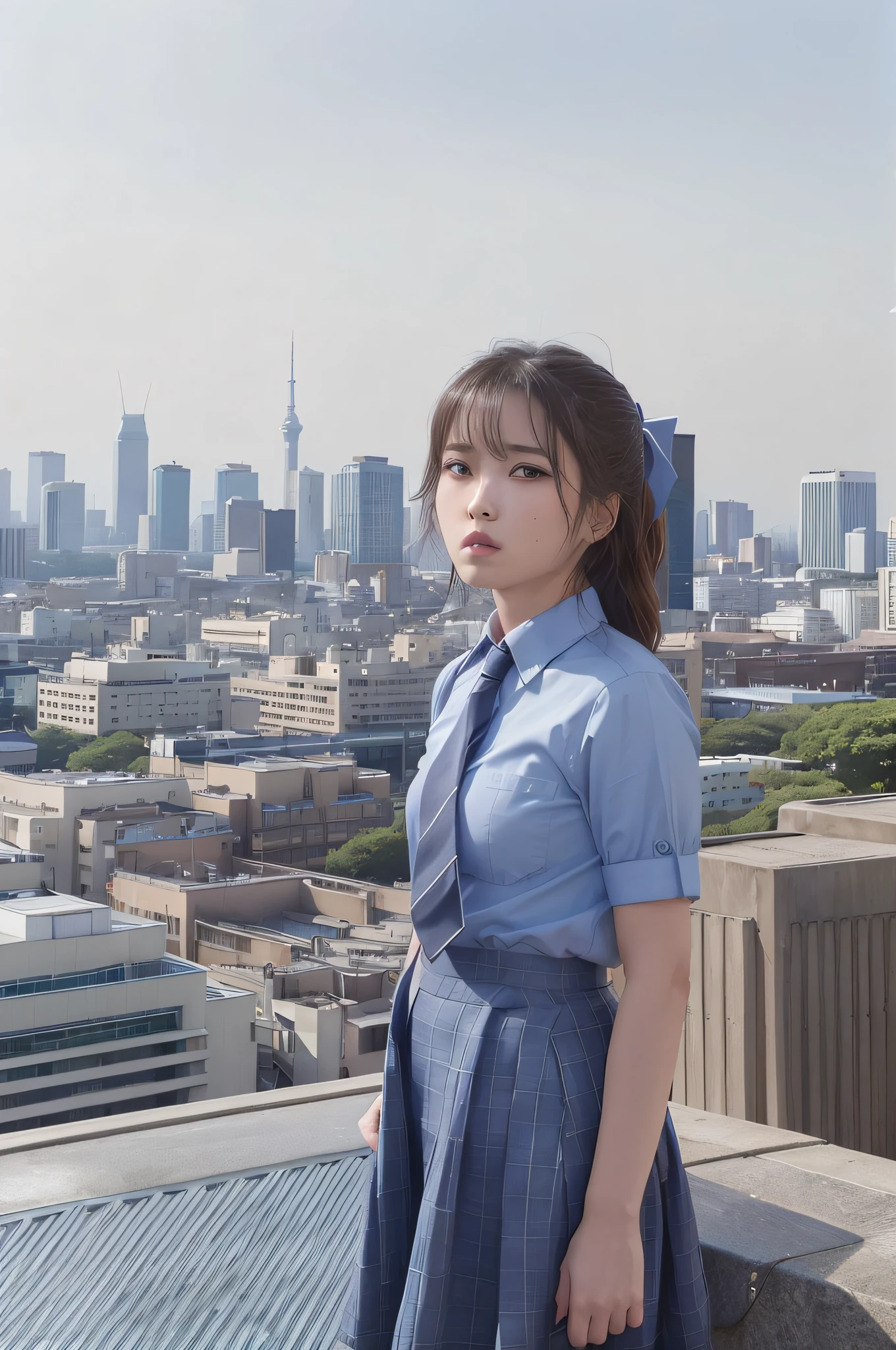 upper body, from the side, alone, solo, cityscape, tokyo landscape, rooftop, daytime, blue sky, (wind: 1.4), delicate face, looking into the distance, brown eyes, short-sleeved uniform, silver-blue striped tie, blue tartan skirt, hands on hips, staring into the distance