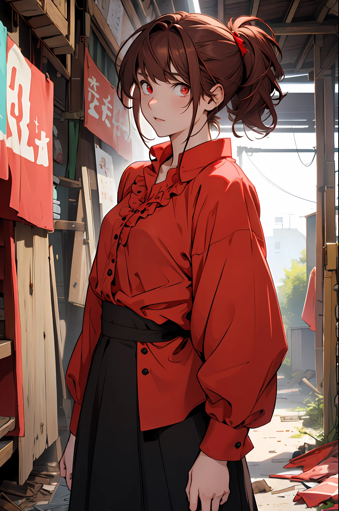 (((1girl))), ((((solo)))), ((messy hairstyle)), standing taking a picture, (((reddish-brown hair)), red eyes, soft blouse