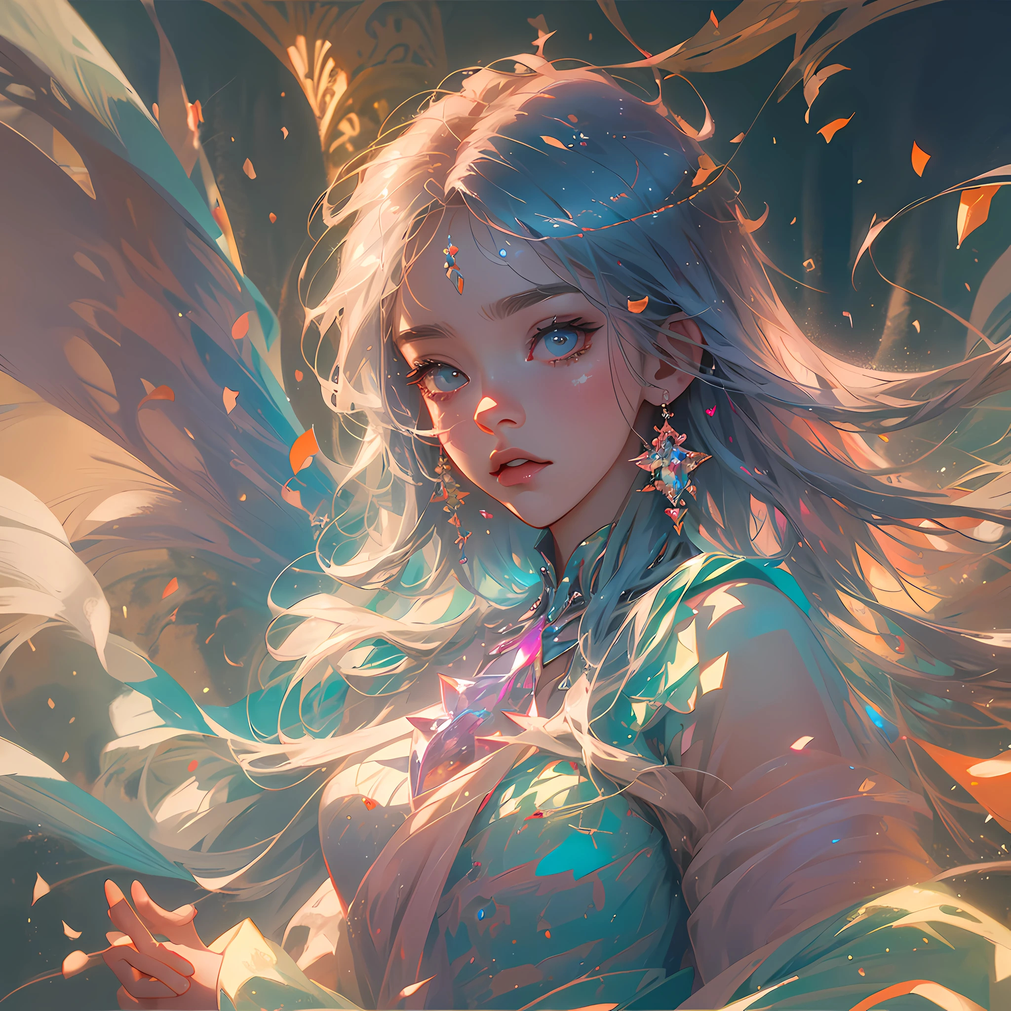 semi-realistic anime photo, high quality, A fairy falling from the sky, translucent with multicolored glitters, white dress, symmetrical face, golden hour, soft, focused, highly detailed, hyperrealistic, dramatic lighting, elegant, intricate, concept art, art by wlop, mars ravelo, greg rutowski, artstation --auto --s2