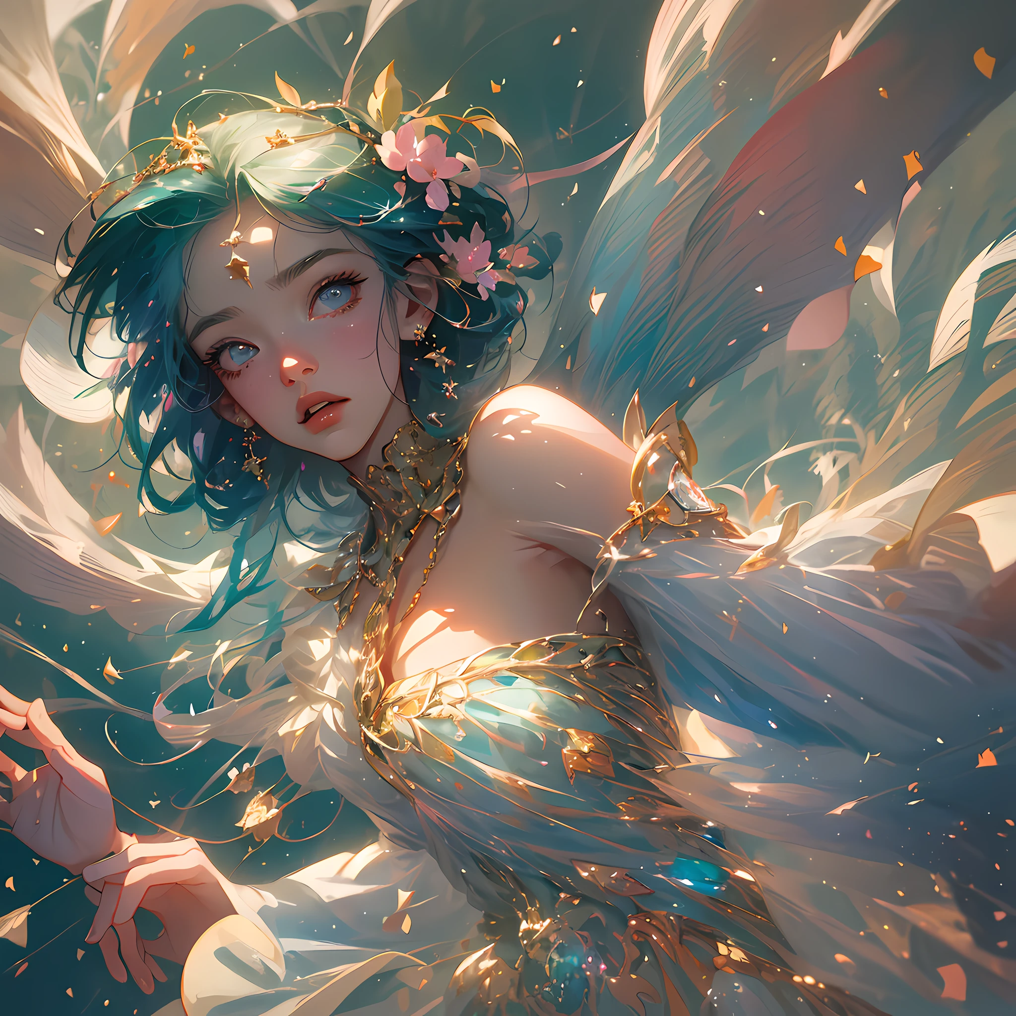 semi-realistic anime photo, high quality, A fairy falling from the sky, translucent with multicolored glitters, white dress, symmetrical face, golden hour, soft, focused, highly detailed, hyperrealistic, dramatic lighting, elegant, intricate, concept art, art by wlop, mars ravelo, greg rutowski, artstation --auto --s2