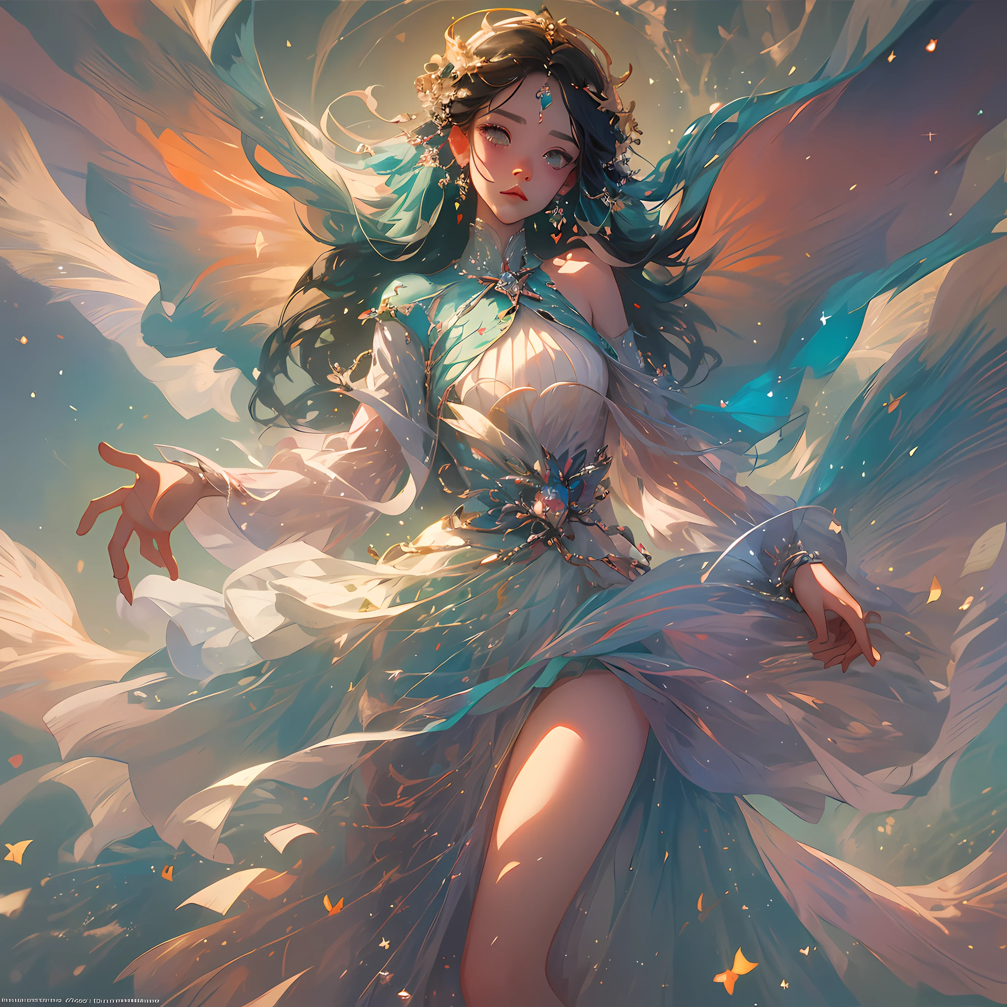 semi-realistic anime photo, high quality, A fairy falling from the sky, translucent with multicolored glitters, white dress, symmetrical face, golden hour, soft, focused, highly detailed, hyperrealistic, dramatic lighting, elegant, intricate, concept art, art by wlop, mars ravelo, greg rutowski, artstation --auto --s2
