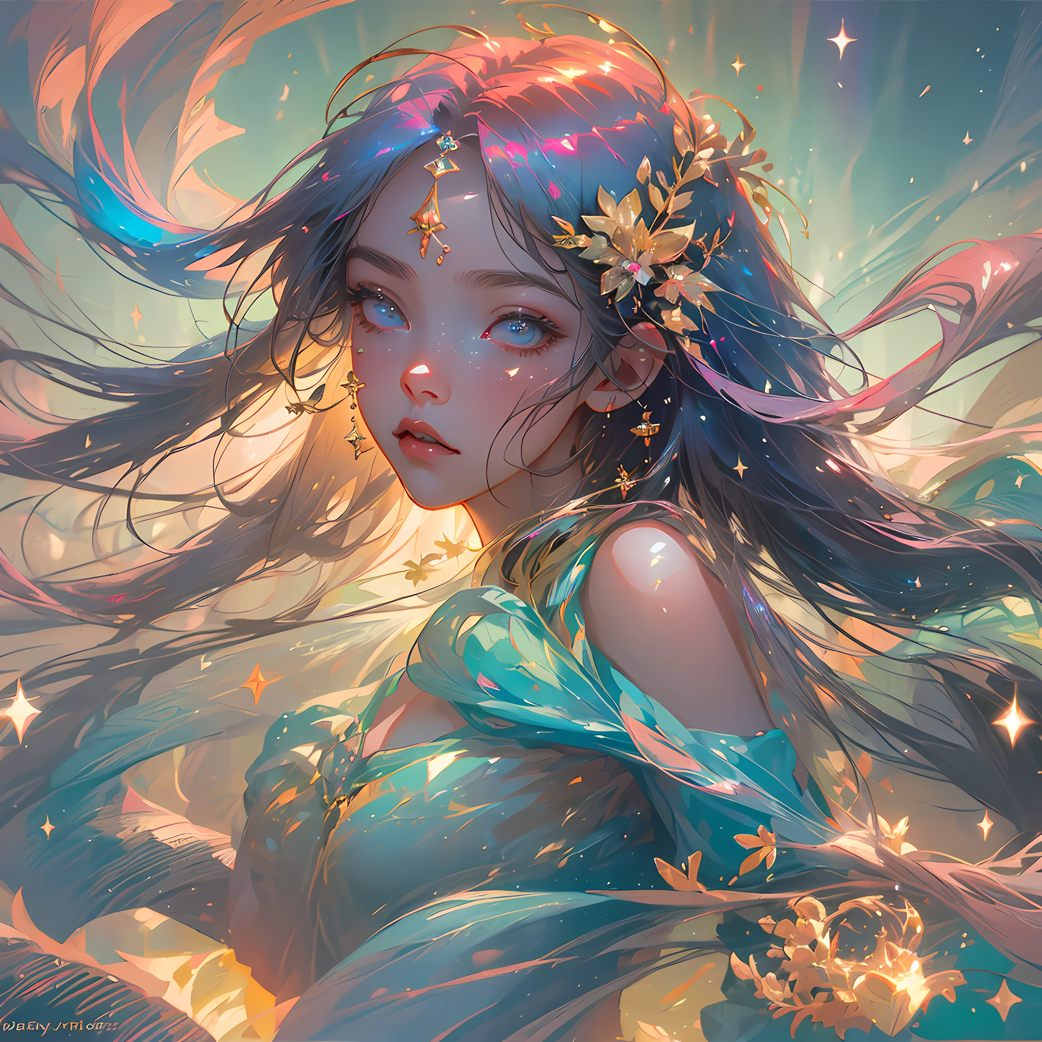 semi-realistic anime photo, high quality, A fairy falling from the sky, translucent with multicolored glitters, white dress, symmetrical face, golden hour, soft, focused, highly detailed, hyperrealistic, dramatic lighting, elegant, intricate, concept art, art by wlop, mars ravelo, greg rutowski, artstation --auto --s2