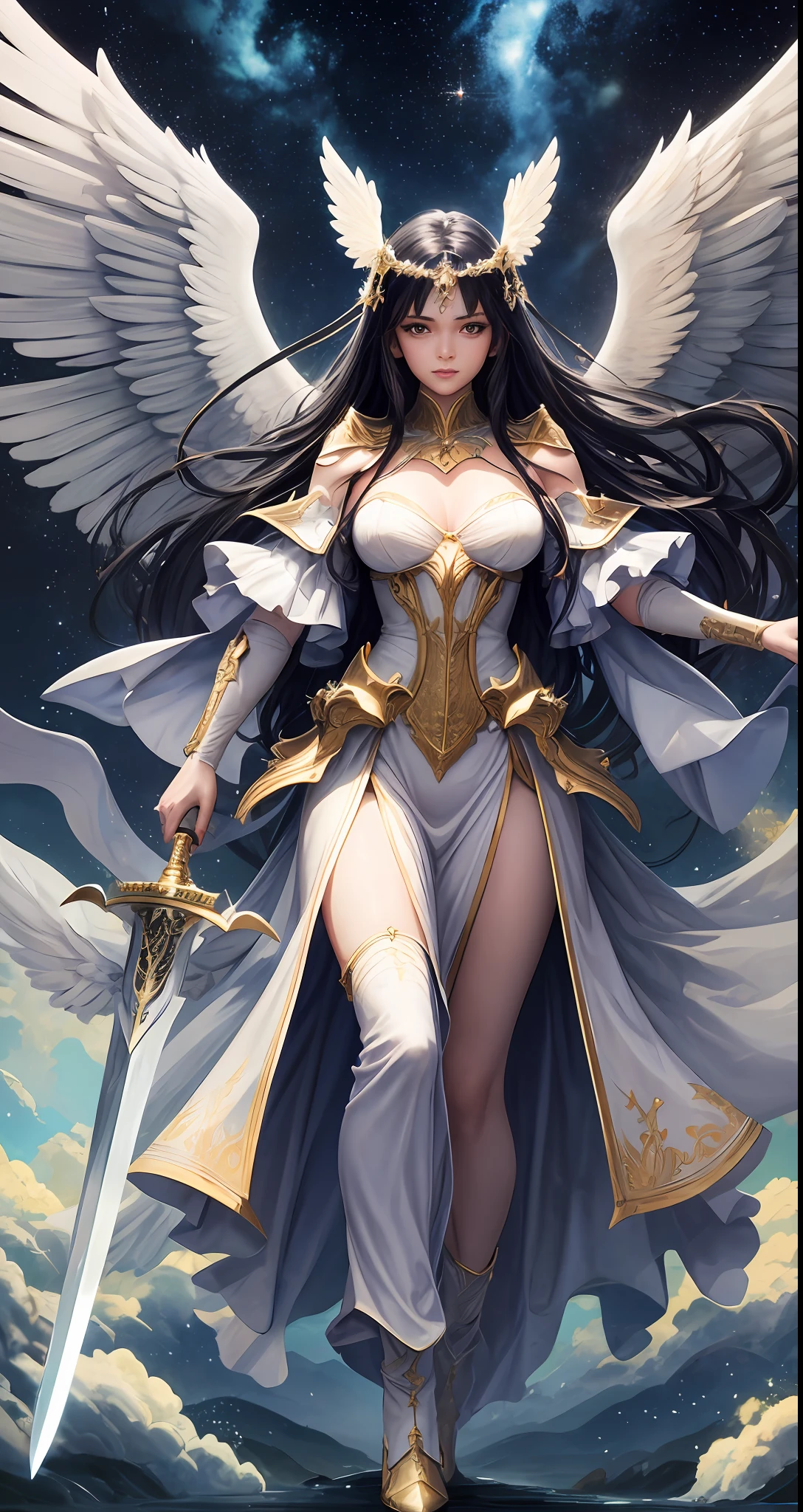 Angel with 30 years old full body woman wearing long white with mages and noted yellow gold holding sword, fearless, not sexy, angel wings, sky, sword, clouds, bow, ultra details, milky way, universe, ultra realist, stunning details, gold, white wealth whole framed photo.