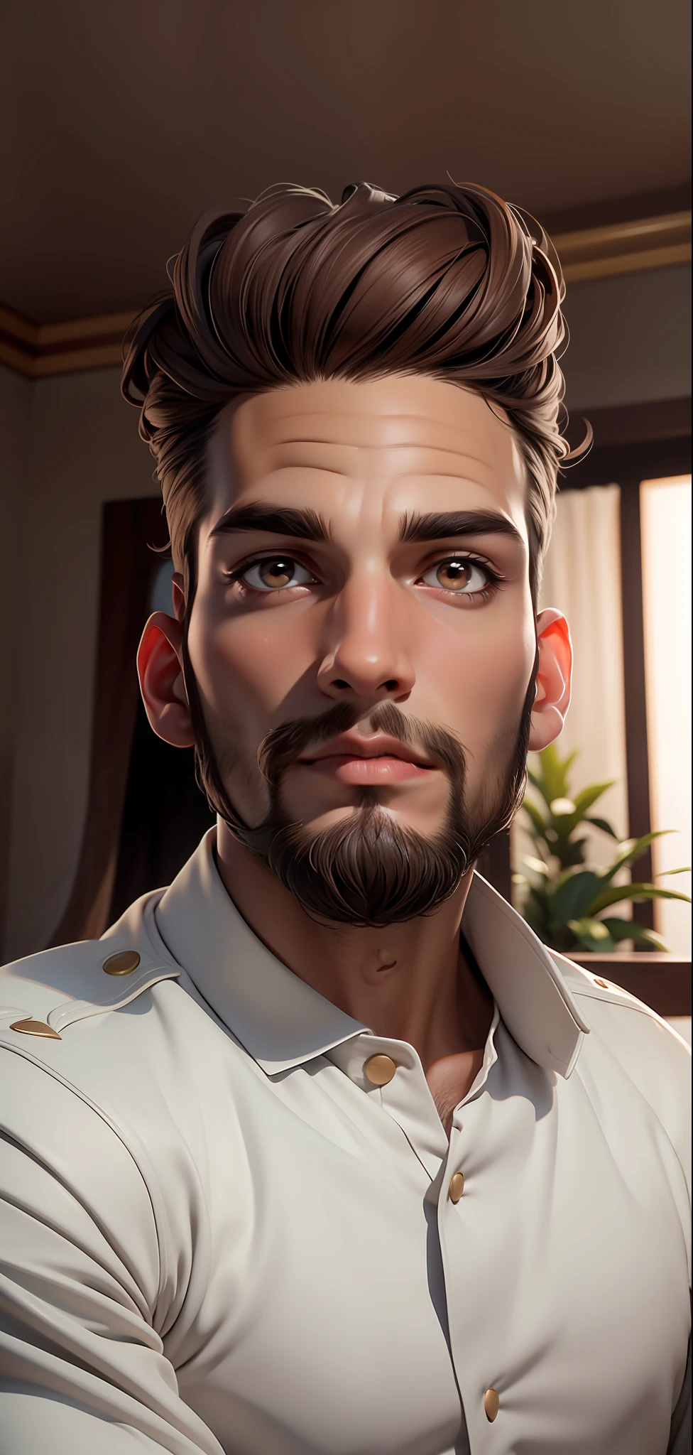 ((Best Quality, 8K, Masterpiece: 1.3)), handsome, young man, smooth skin, stylish, social, topknot, hunter's eyes, brown eyes, tanned