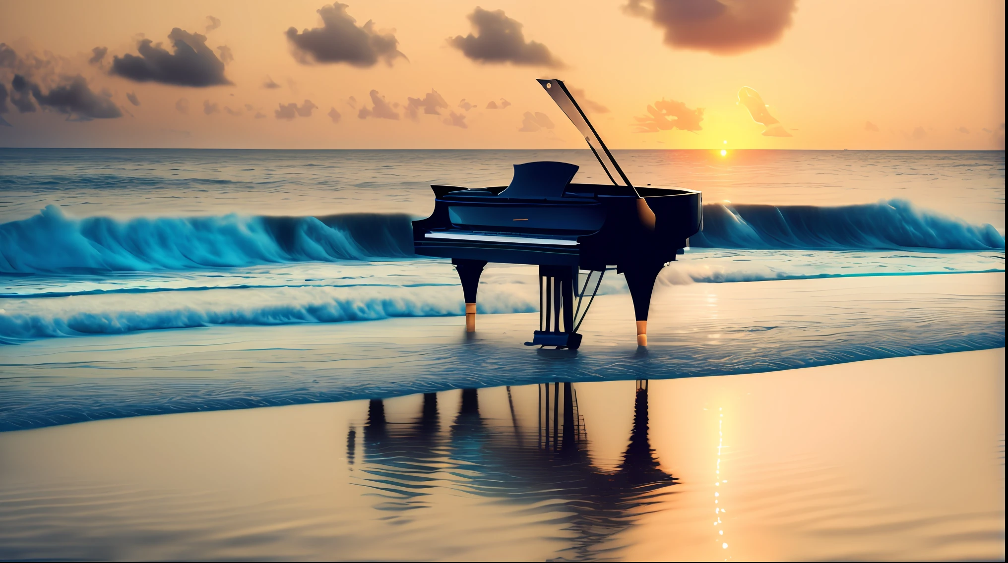 Relax with the Perfect Combination of Piano Sounds and Sea Waves. A BEAUTIFUL ASIAN woman, in pose MEDITATION PLAYING PIANO IN FRENNTE TO THE SEA WITH A BEAUTIFUL SUNSET , serene, mystical of golden and metatic blue clothing, relaxing, meditating, s, happy, bokeh