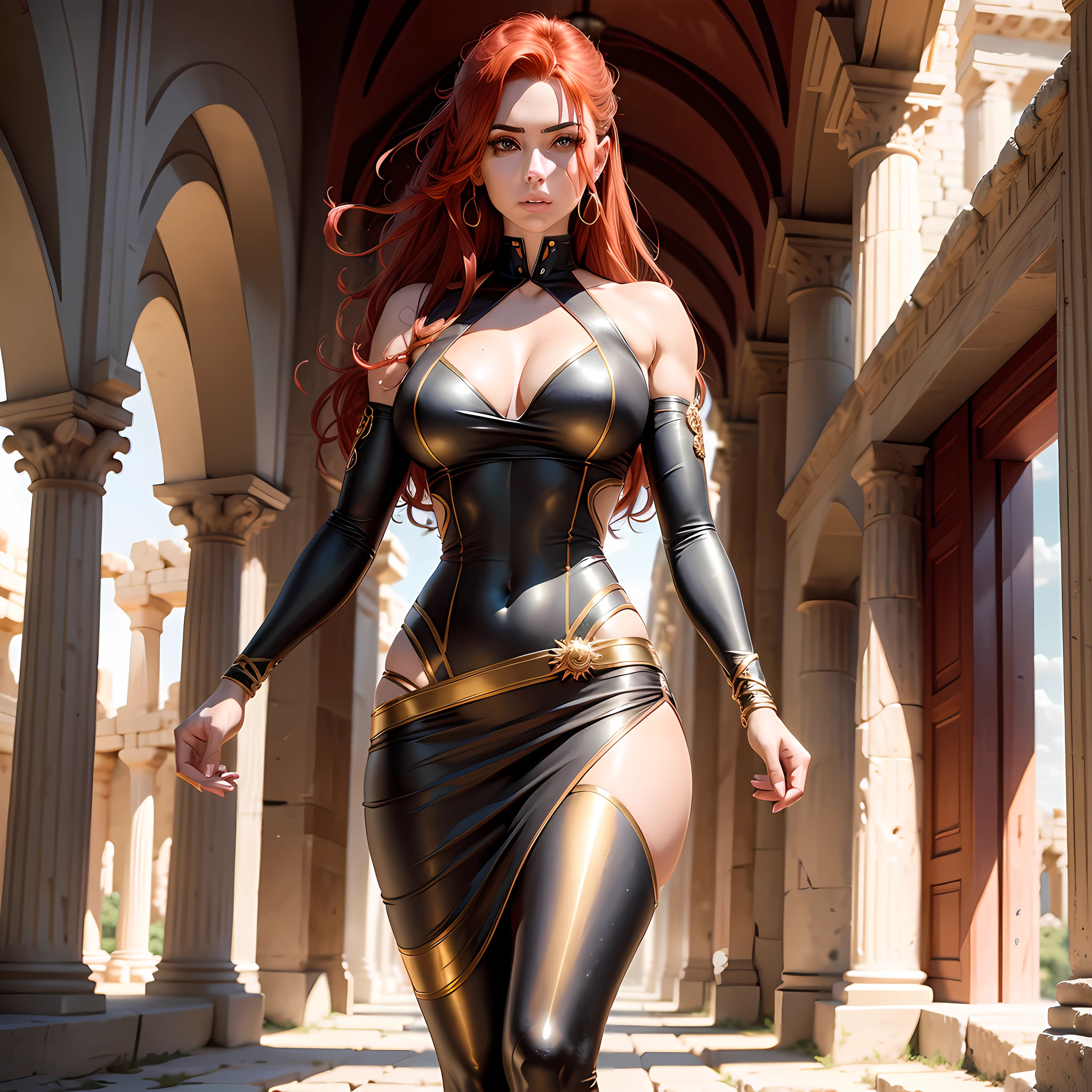 Red-haired woman with golden glow, gradual silver sheen (Hdr). Realistic eyes (detailed) Full body (detailed) 1:3 -- Tall, thick leg, chest high, realistic slim waist 1:1.-- movement --perspective-- clear scenery in Greek ruins-- Piercing gaze. Reflex- 4k- rdv-8k -- cool style -- light Greek clothing. Ultra cinema perfect focus-- sharpness-- richness in detail. Ultra Tracy . 1:1