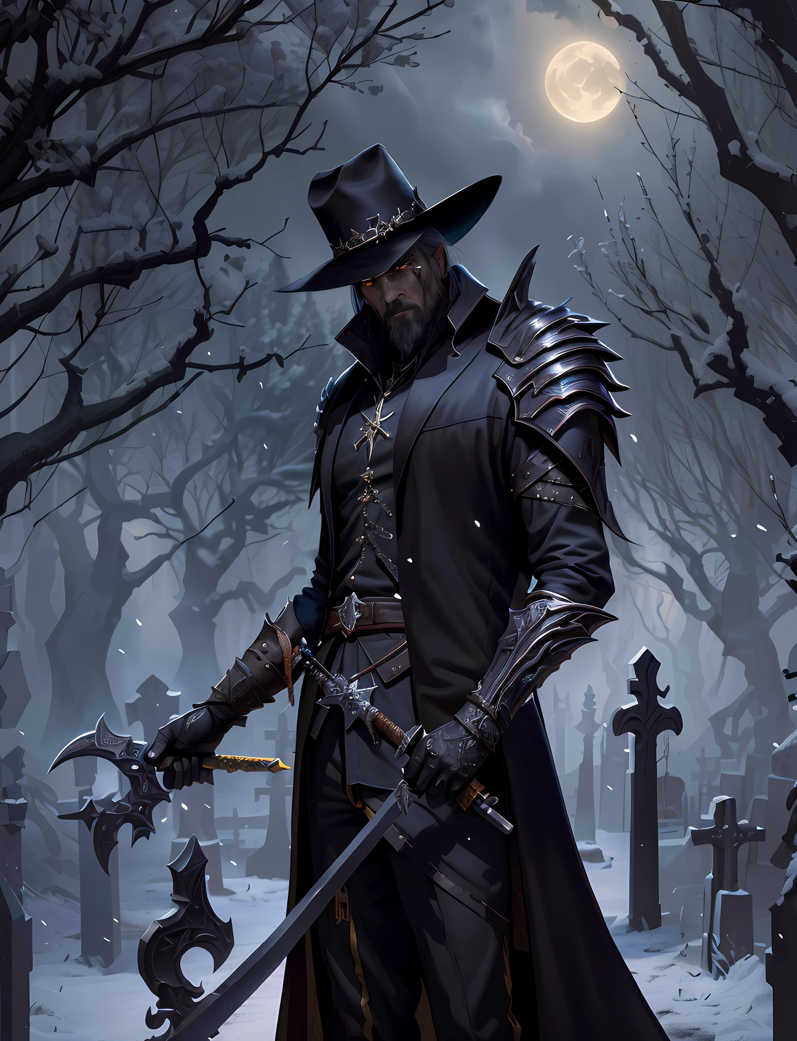 There is a man in a hat and long coat holding a sword, portrait of a blood hunter, portrait of the old necromancer, dark-cloaked necromancer, Guillem H. Pongiluppi, from the black wizard's graveyard!!!, dark fantasy character design, portrait of the necromancer, from the video game Vermintide 2, D & D Character Reveal, 8K RPG, Highly detailed epic, New Species, Thicc Build, Specialized High Detail Concept Art, UHD Character Details, 4K Concept Art and Hyper Realism, 8K Game Style, Skyrim Mod, 8K Character Details, Specular Highlights --auto --s2