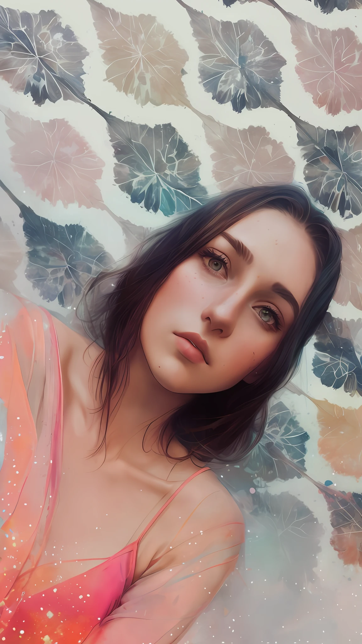 28 year old brunette woman with agnes cecile, bright design, pastel colors, paint drops, autumn lights