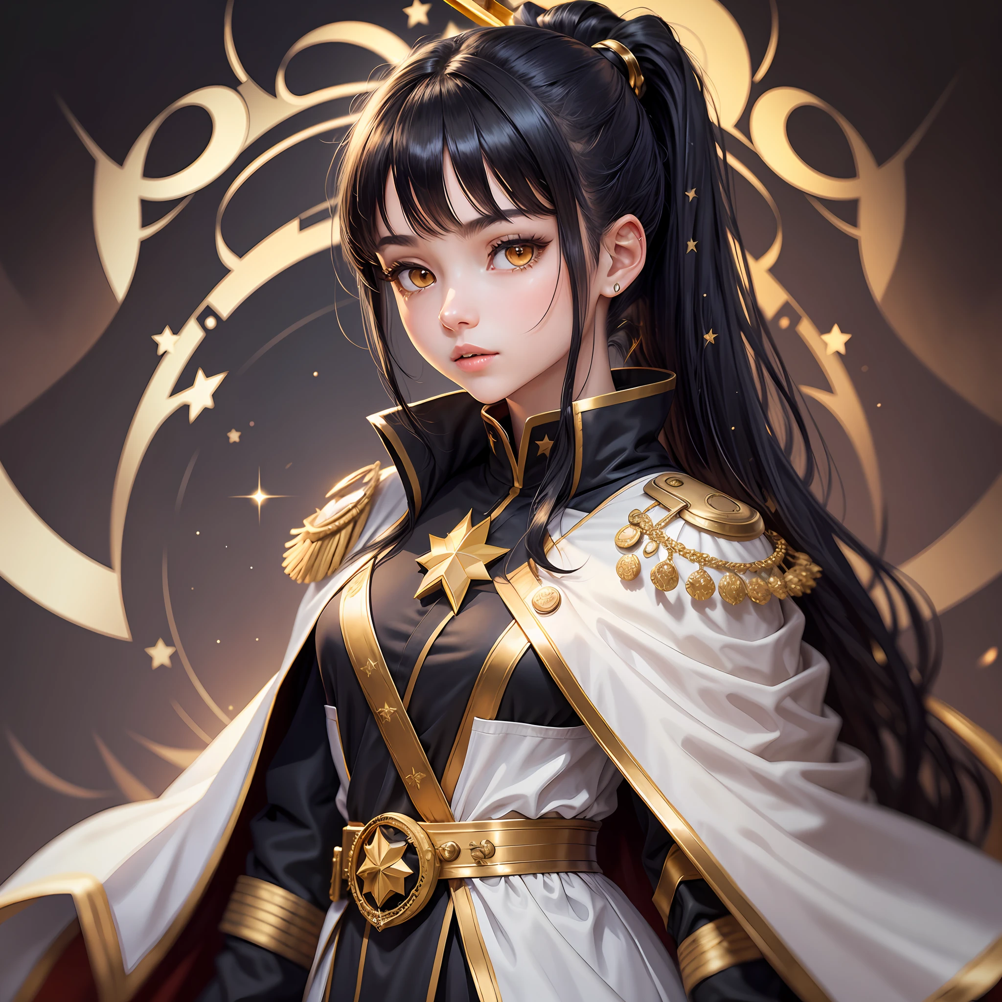 Images of the girl Black hair, ponytail, golden eyes, gold hair fastening, white military uniform, cloak, star ornament --auto --s2