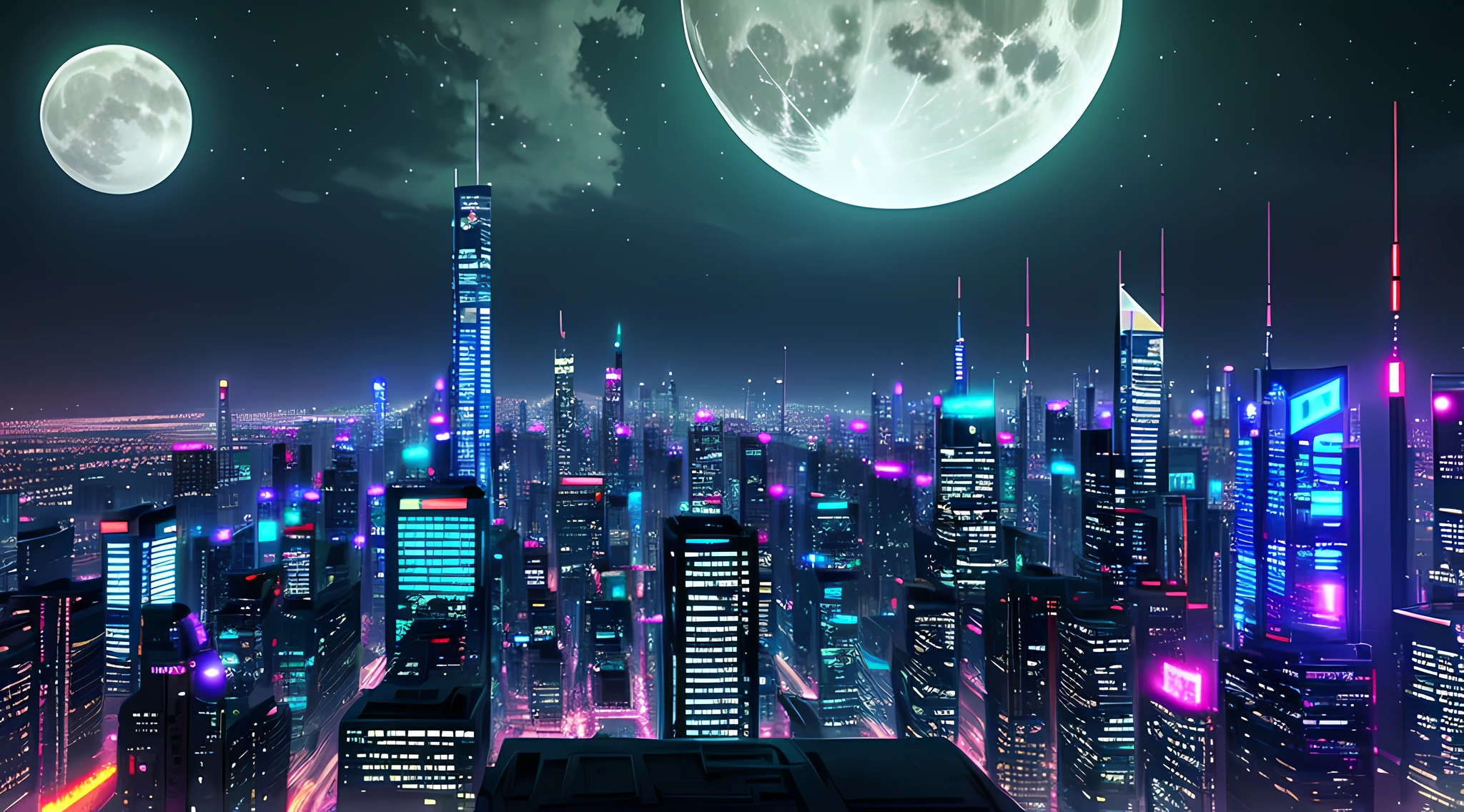 Cyberpunk is a futuristic cityscape with bright lights and moon in the background at night