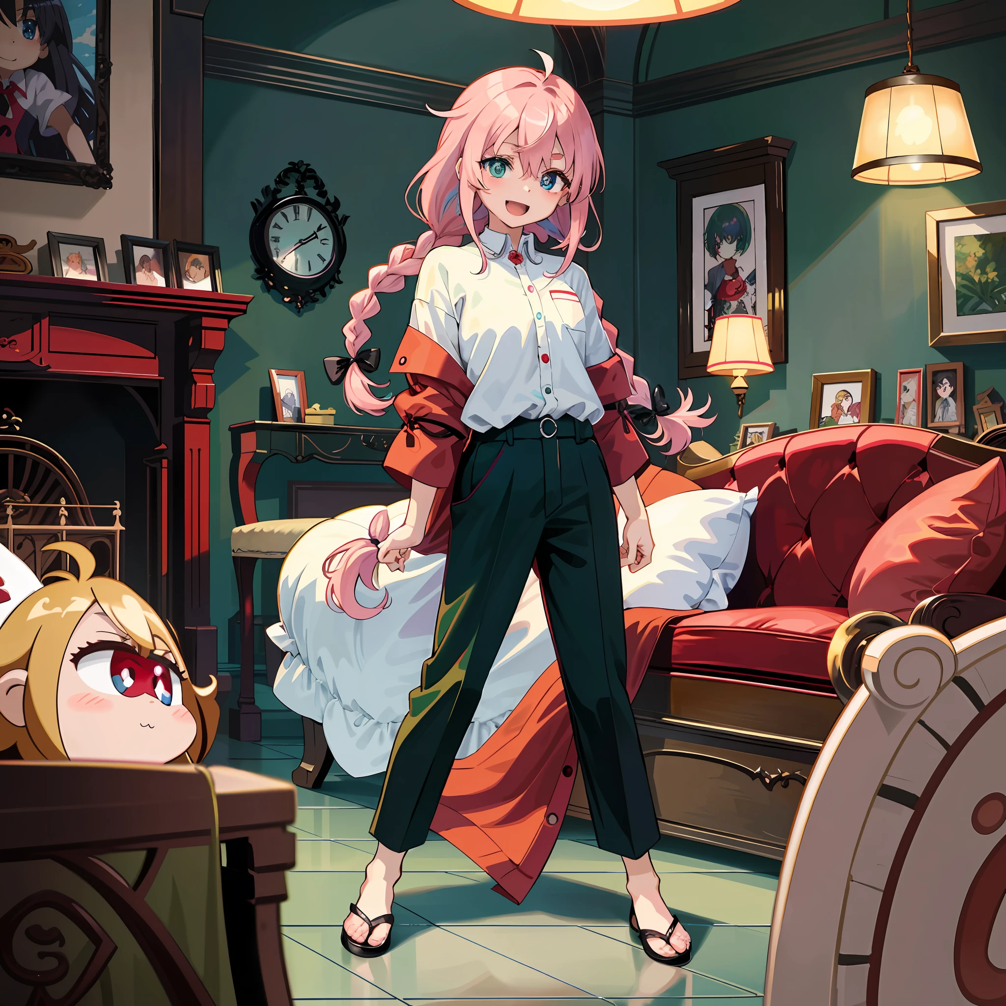 (masterpiece, ultra-detailed, 32k, high resolution, Kyoto Animation style of anime illustration, highest quality official art featuring:1.6), (heterochromia, blue eyes and green eyes:1.8), (chibi:1.8), (caregiver, 1 cute girl, solo, standing, looking at viewer, full body, front body, cute open mouth, make up, kawaii, happy smile:1.3), (:1.2), (kawaii:1.5), (Clothing:black long under shirt, simple design red polo shirt with 3buttons, black pants), (Footwear:sneaker), (pale pink hair, twin braids, long hair, hair ribbon, cute ribbon:1.1), slender eyebrows, large breast, (bakcground:couch, plant, indoors, scenery, chair, table, pillow, wooden floor, potted plant, tile floor, tiles, lamp), Best quality, 8k